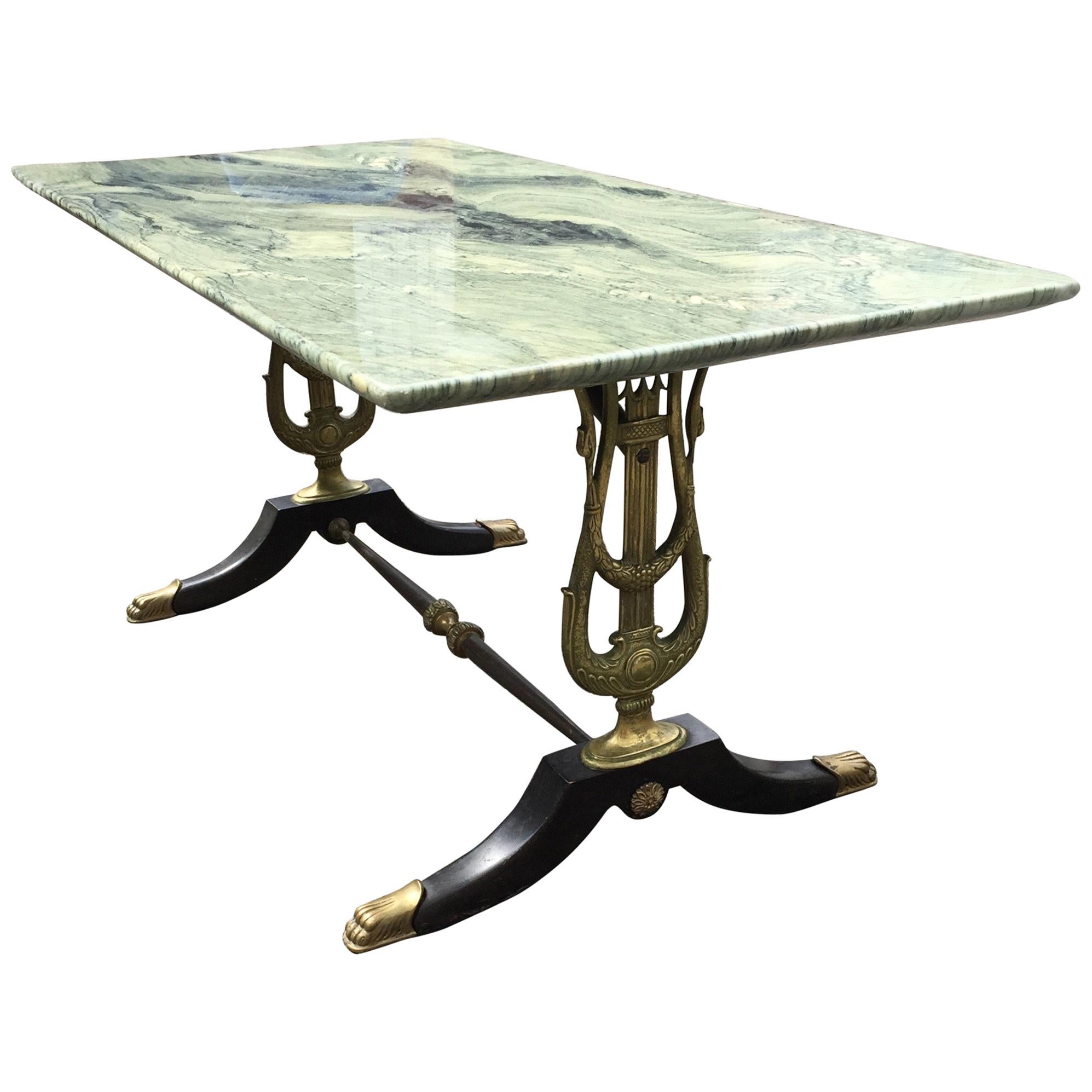 Stunning Empire Revival Coffee Table W. Bronze Swan Supports & Green Marble Top