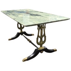 Stunning Empire Revival Coffee Table W. Bronze Swan Supports & Green Marble Top