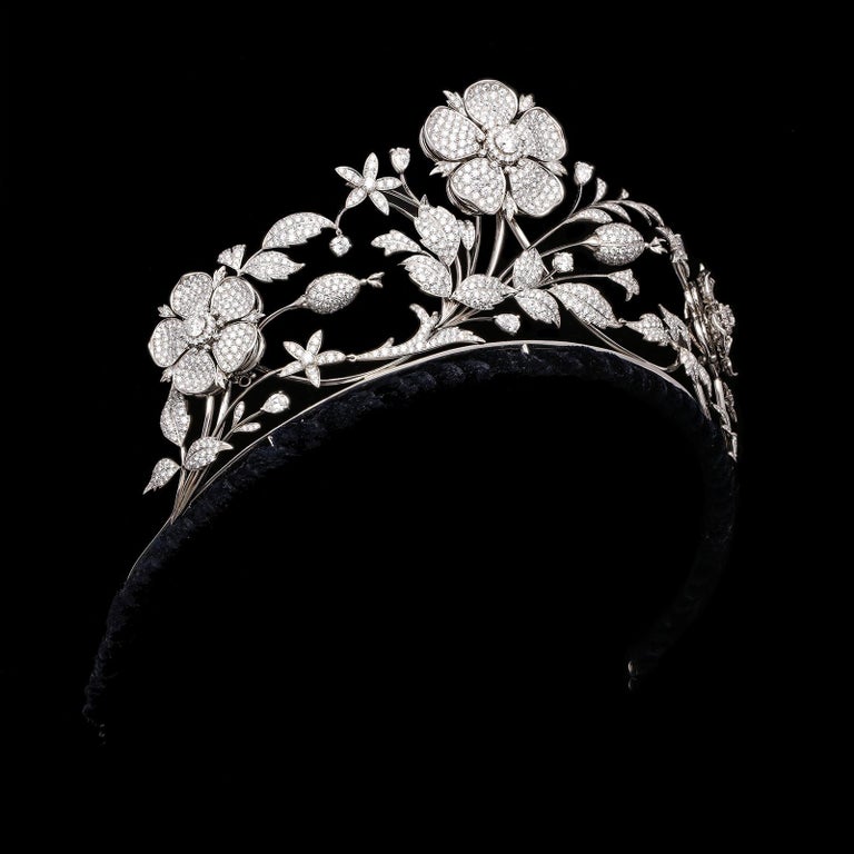 Women's or Men's Large Edwardian Style Diamond En Tremblant  Floral Tiara by E Wolfe London