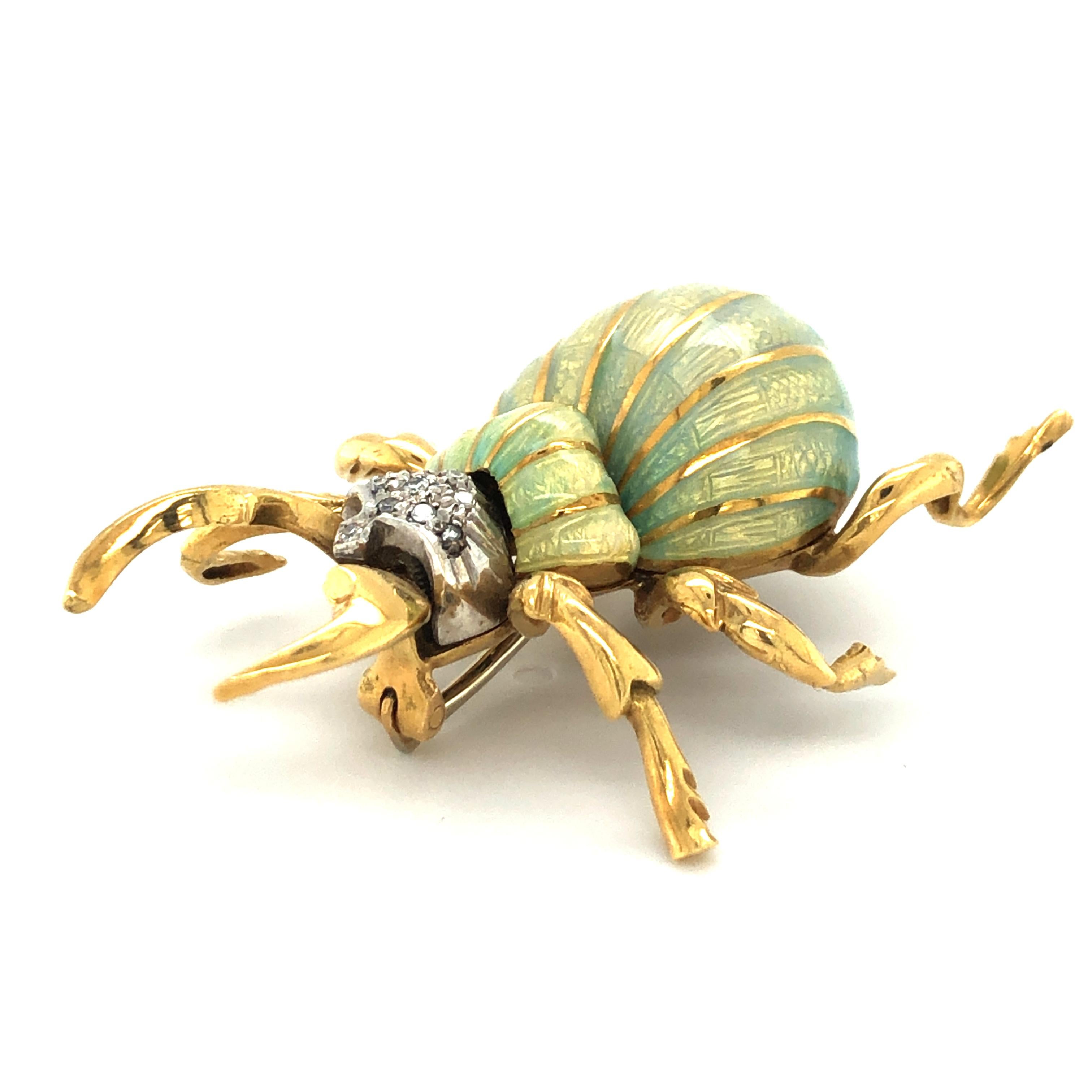 Stunning Enamel and Diamond Beetle Brooch in 18 Karat Yellow and White Gold 4