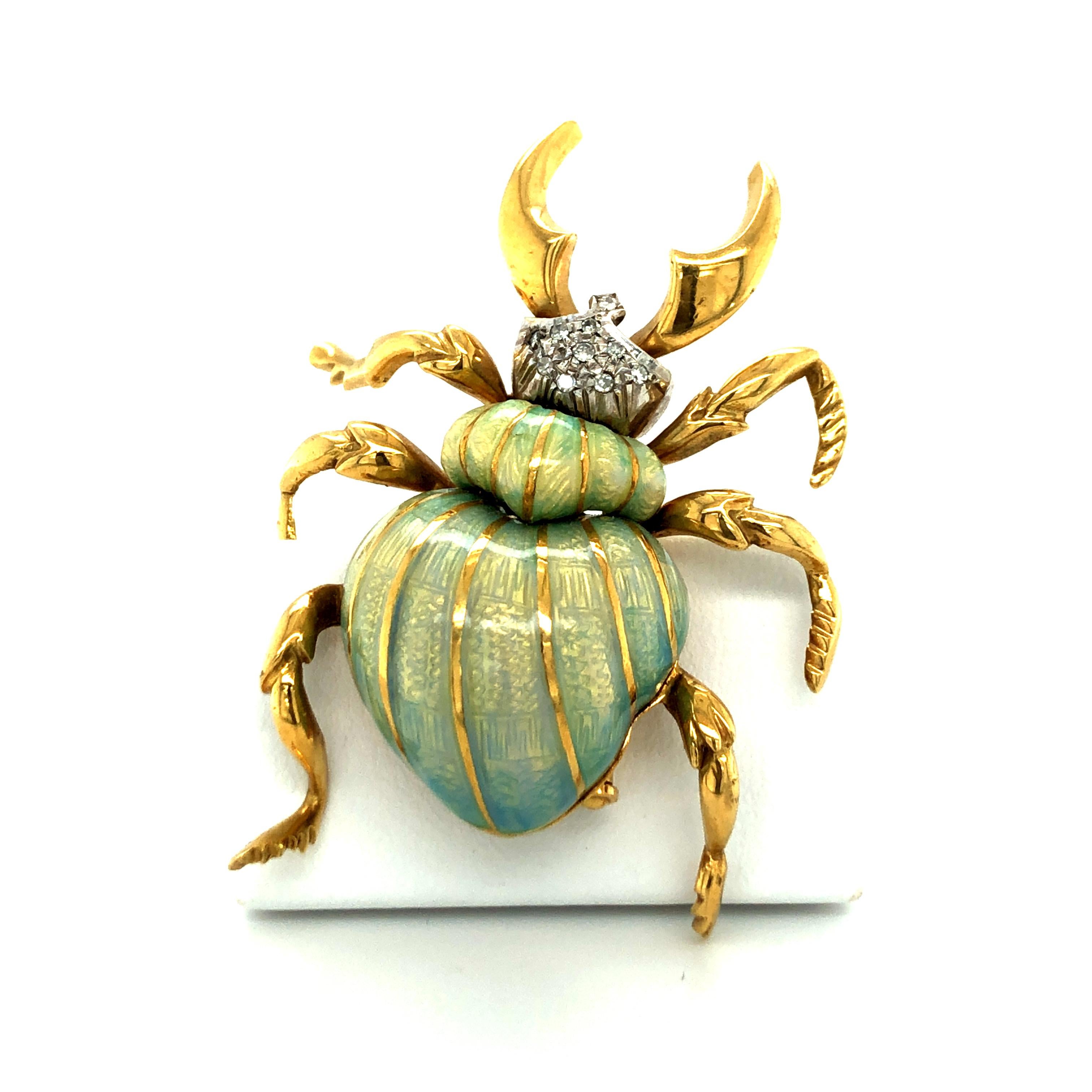 Stunning Enamel and Diamond Beetle Brooch in 18 Karat Yellow and White Gold 5