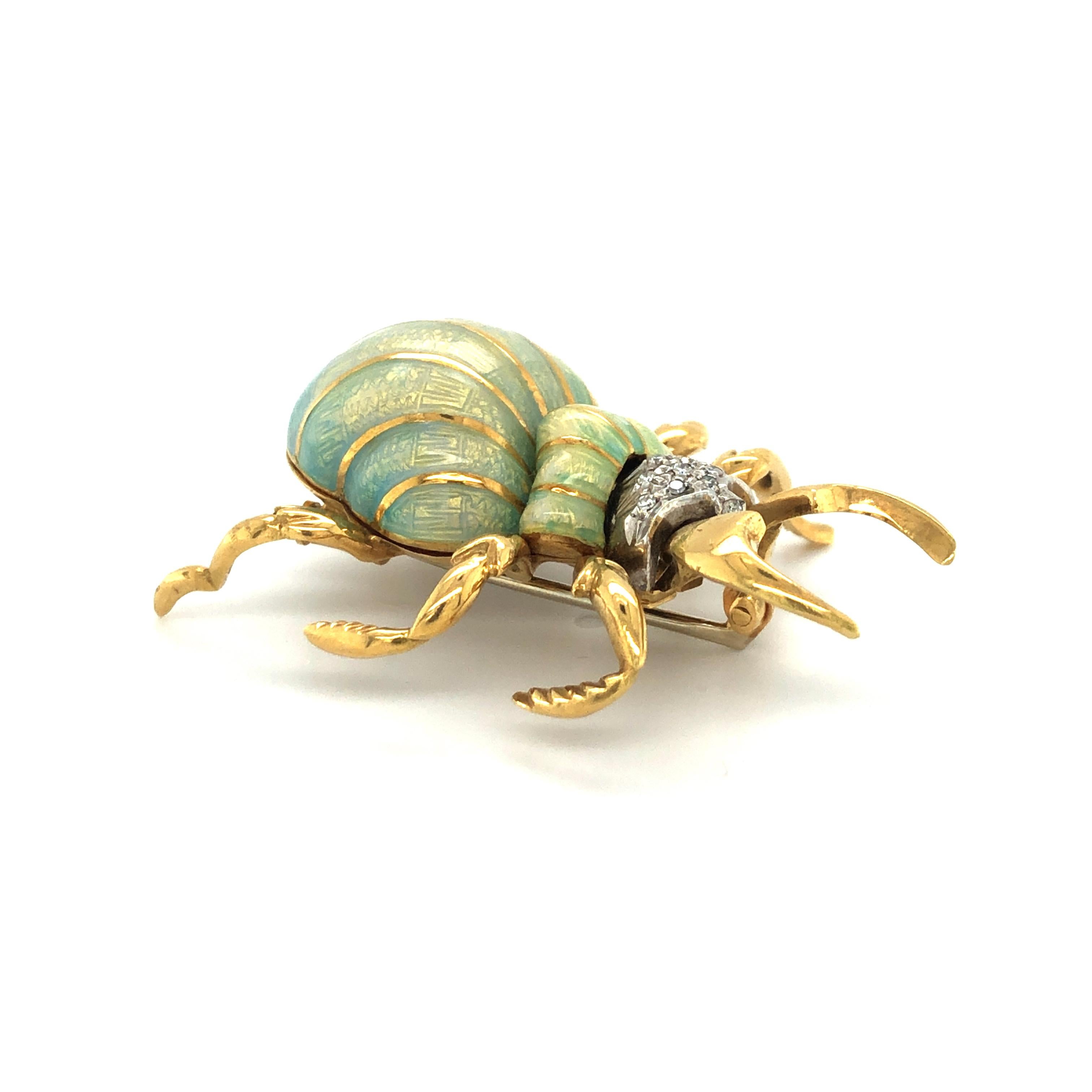 Stunning Enamel and Diamond Beetle Brooch in 18 Karat Yellow and White Gold 6