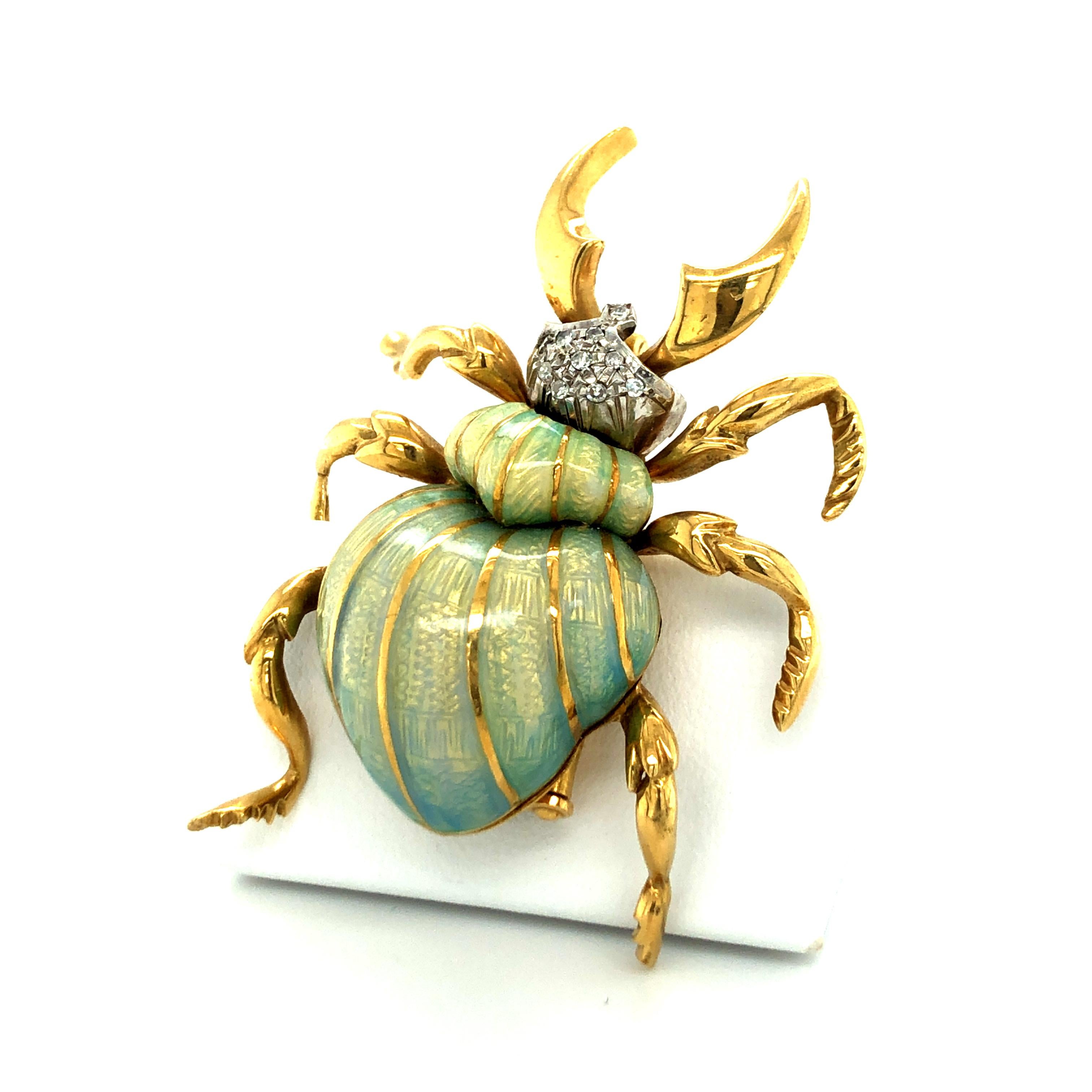 Stunning Enamel and Diamond Beetle Brooch in 18 Karat Yellow and White Gold 8