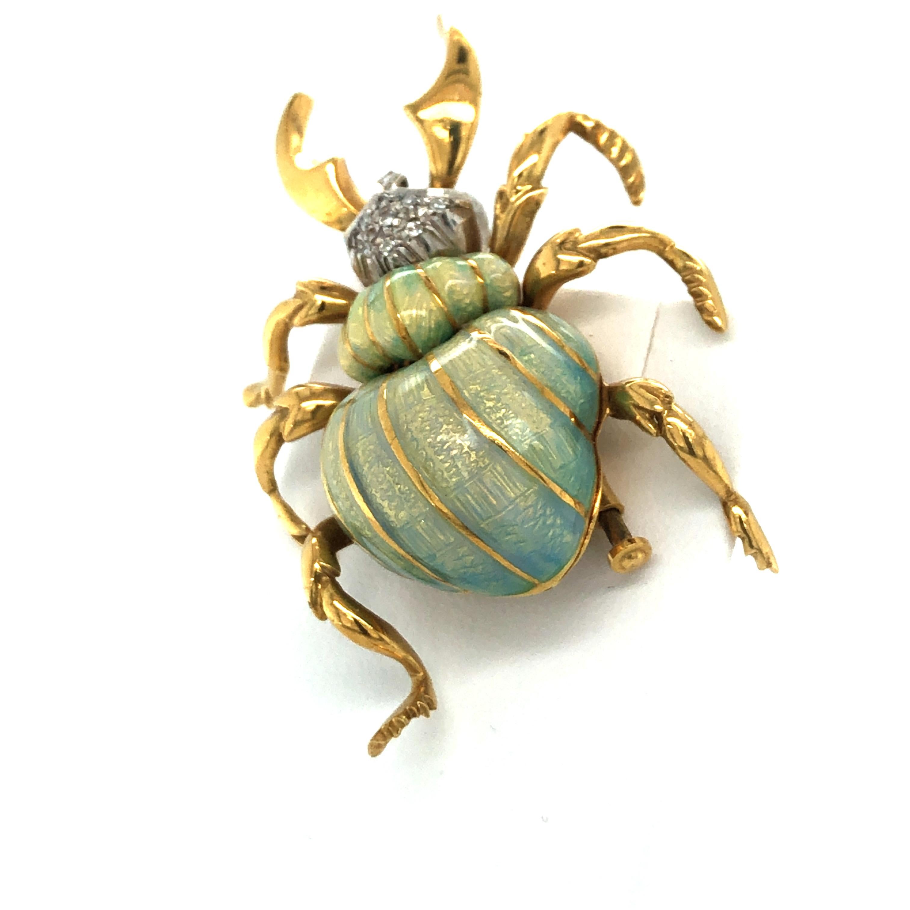 Artisan Stunning Enamel and Diamond Beetle Brooch in 18 Karat Yellow and White Gold