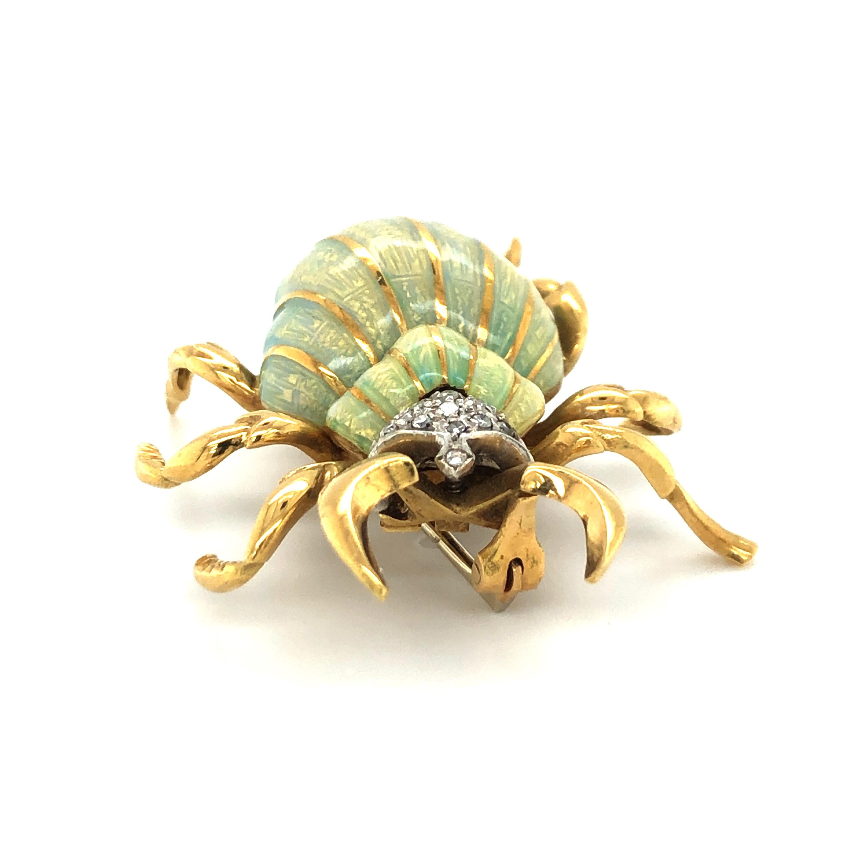 Single Cut Stunning Enamel and Diamond Beetle Brooch in 18 Karat Yellow and White Gold