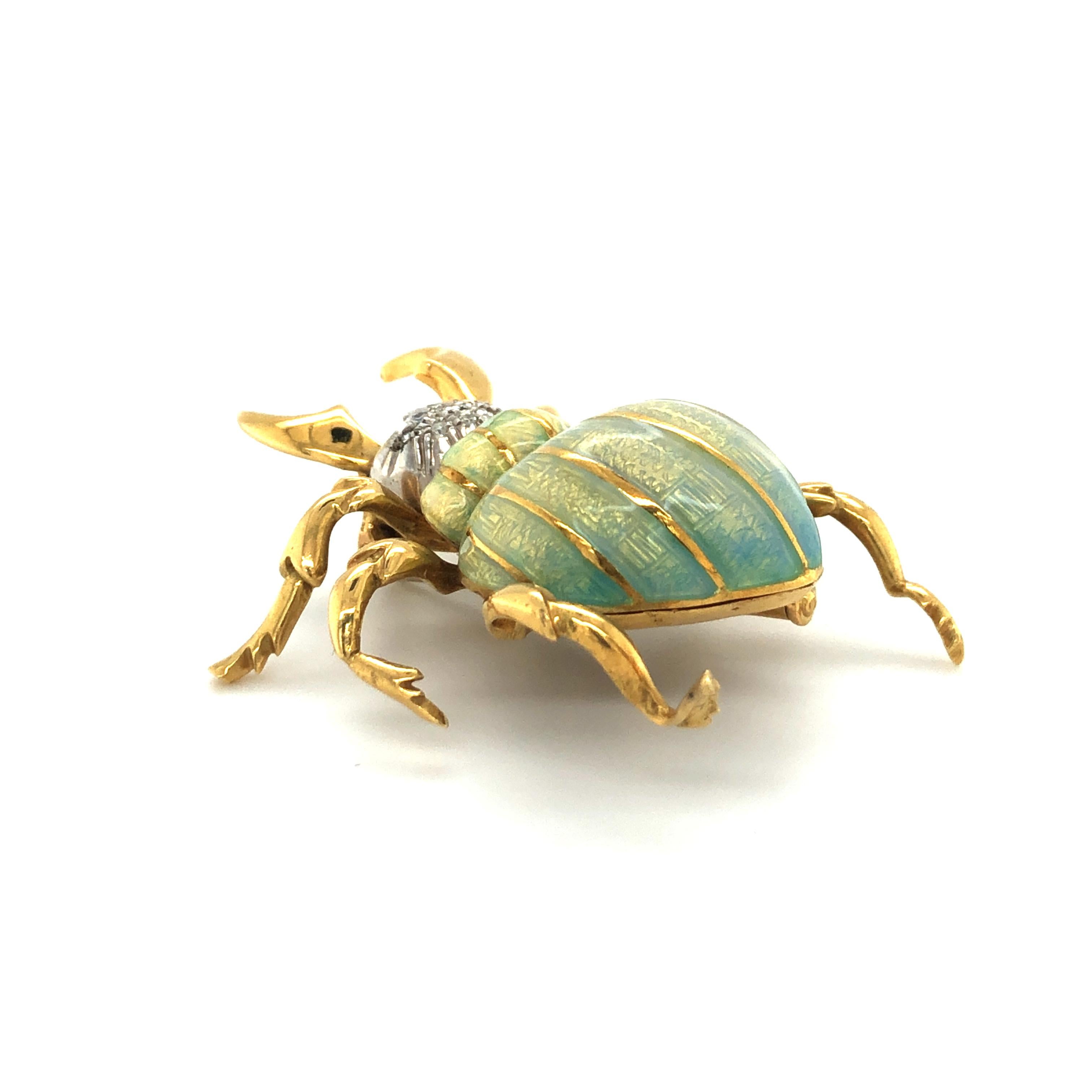 Stunning Enamel and Diamond Beetle Brooch in 18 Karat Yellow and White Gold 1