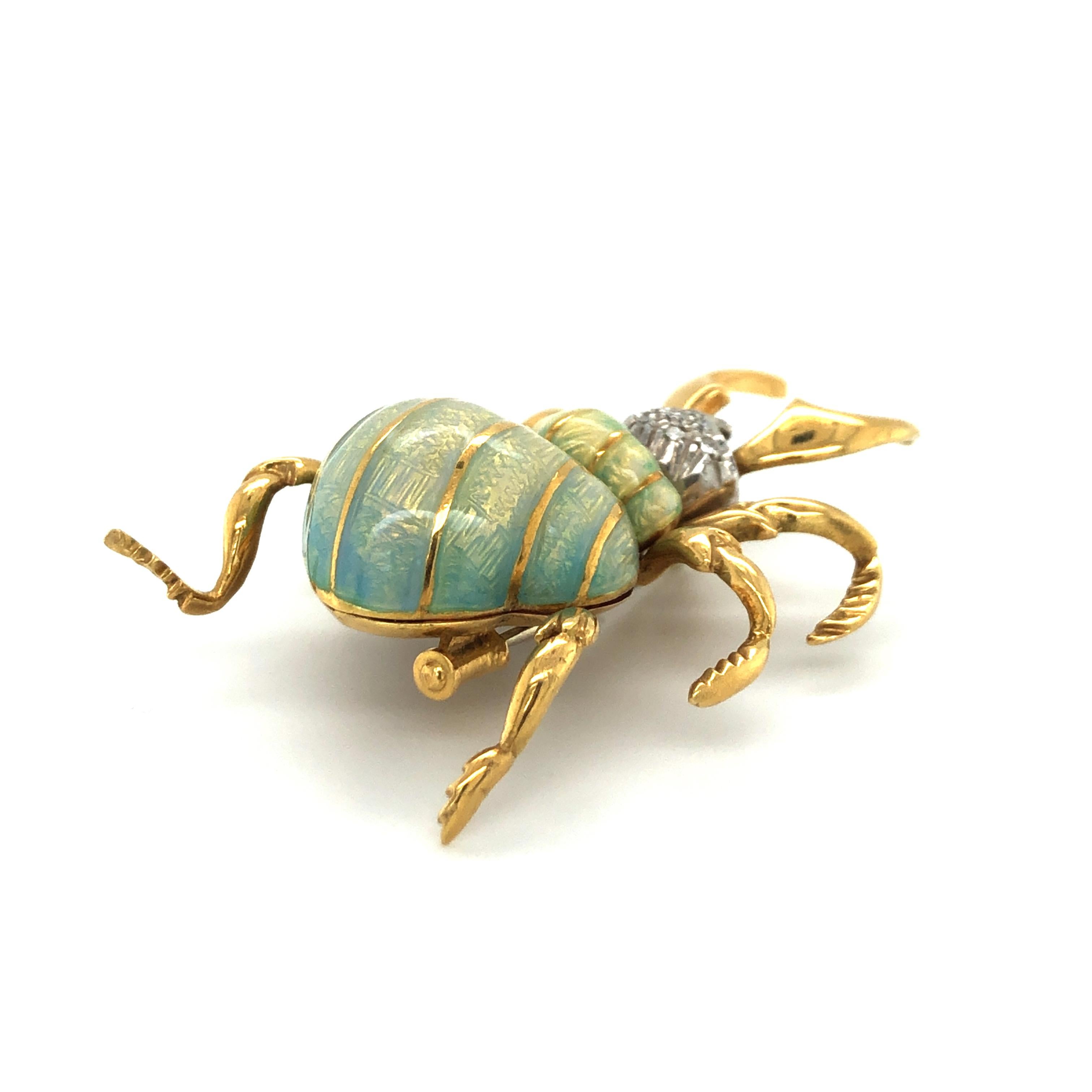 Stunning Enamel and Diamond Beetle Brooch in 18 Karat Yellow and White Gold 2
