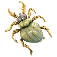 Vintage Stunning Enamel and Diamond Beetle Brooch in 18 Karat Yellow and White Gold