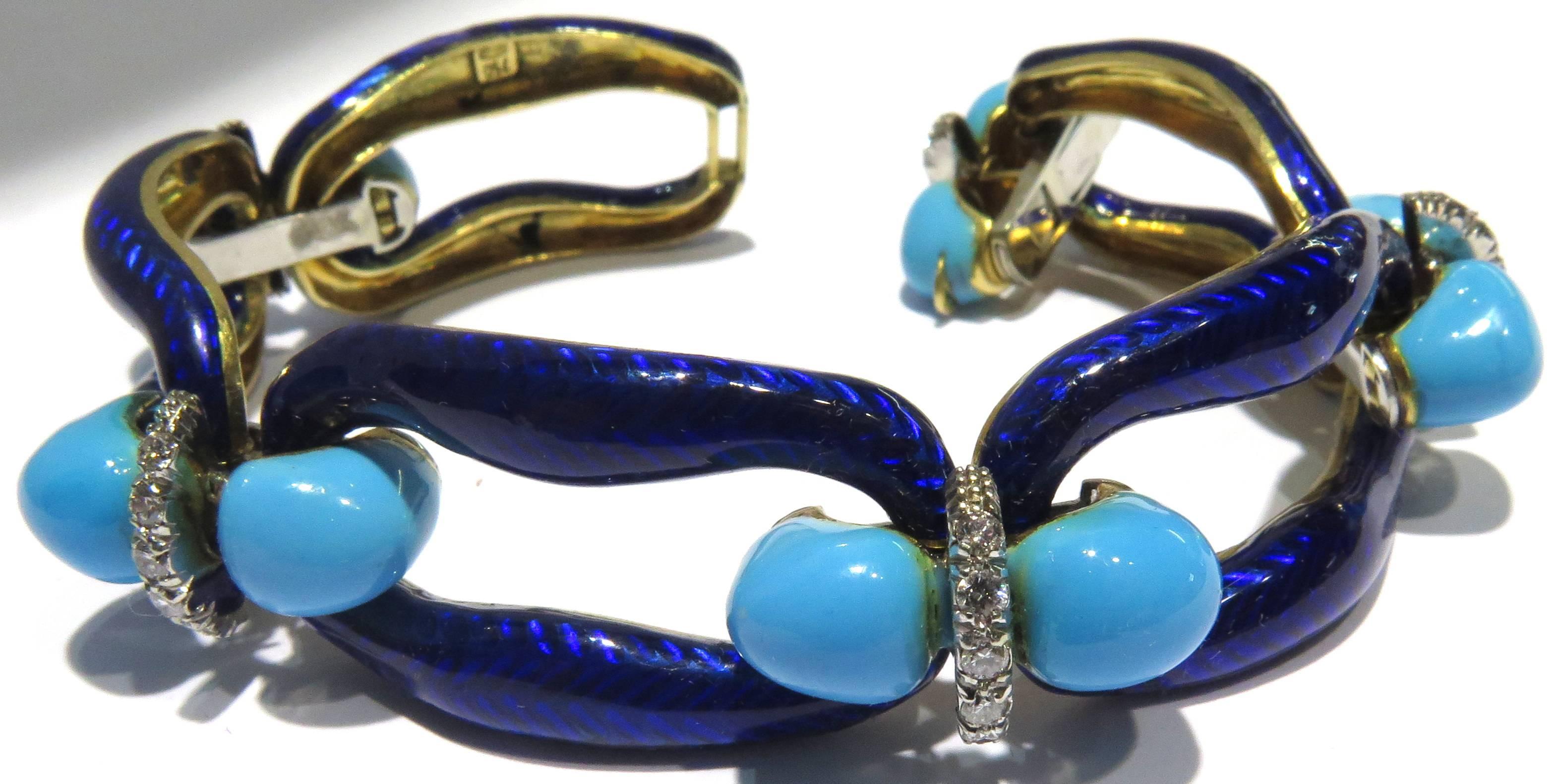 This elegant 18k gold bracelet is very comfortable to wear. With the stunning cobalt blue and turquoise enamels being separated by diamond bars, the Chic factor is on overload.
This bracelet measures 7 1/2 inches long by 3/4 inch wide
This bracelet
