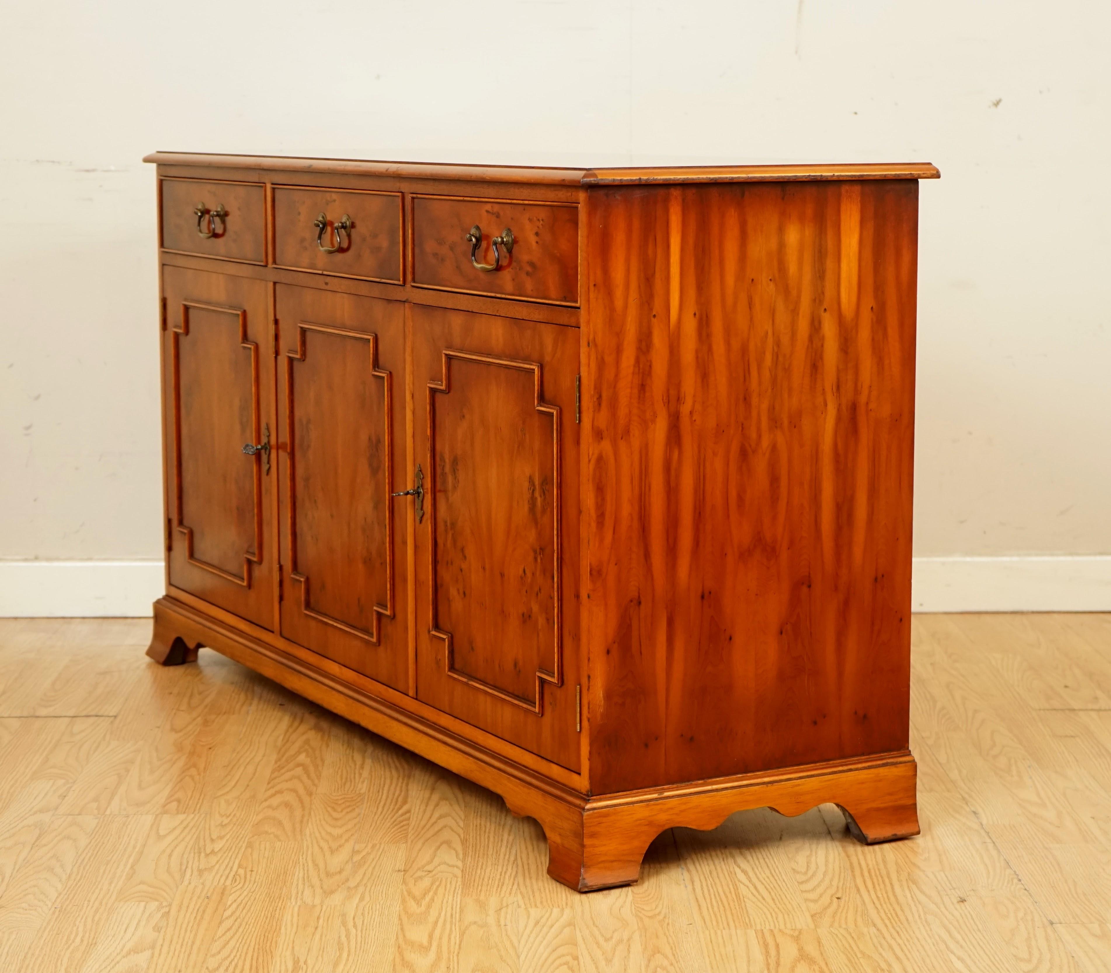 Stunning English Burr Yew Wood Triple Drawer Sideboard Cupboard Made by Bradley  6