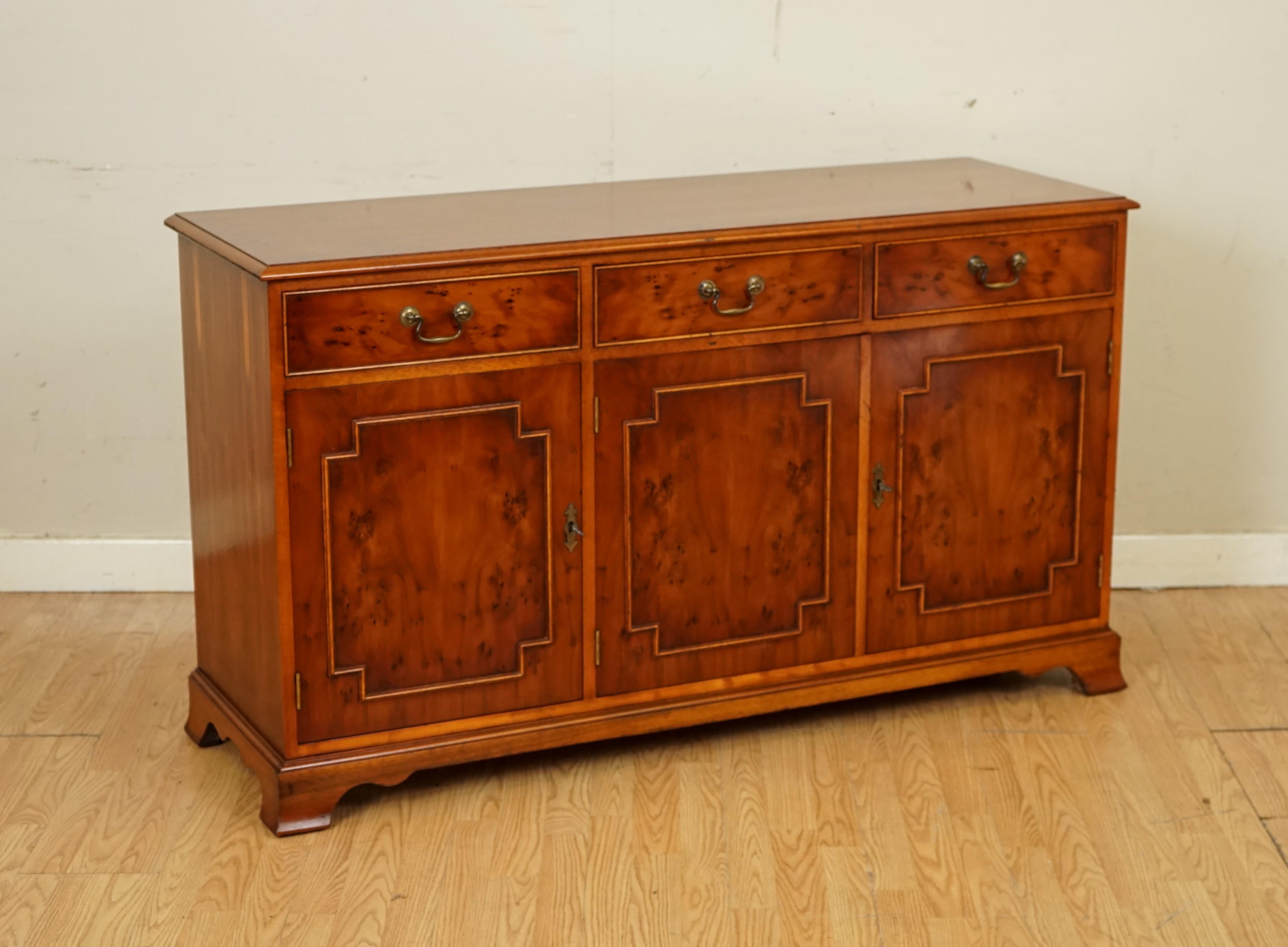 We are so excited to present to you this Stunning Made in England Bradley Burr Yew wood sideboard.

We have lightly restored this by giving it a hand clean all over, hand waxed and hand polish. 

Please carefully look at the pictures to see the