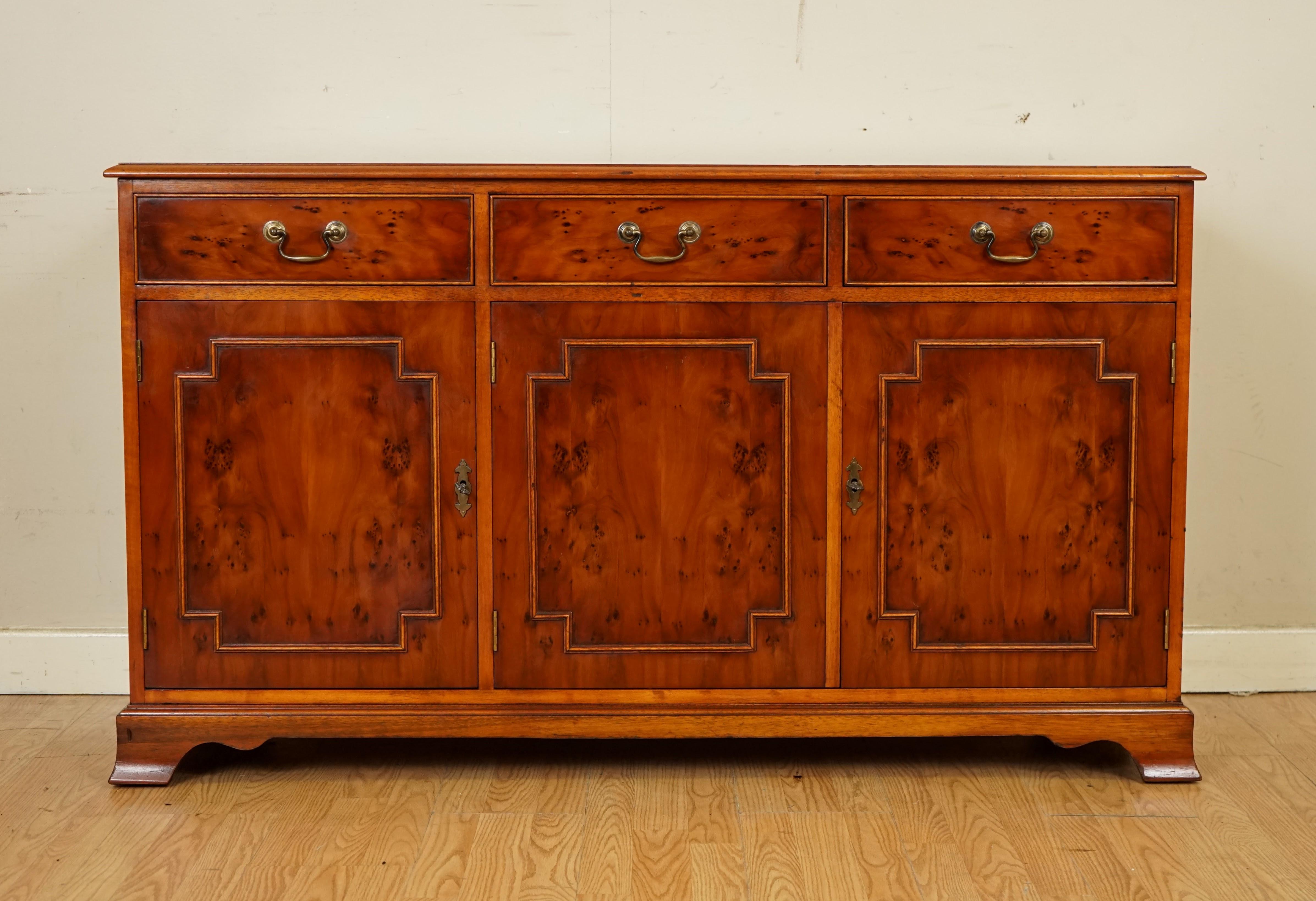 20th Century Stunning English Burr Yew Wood Triple Drawer Sideboard Cupboard Made by Bradley 