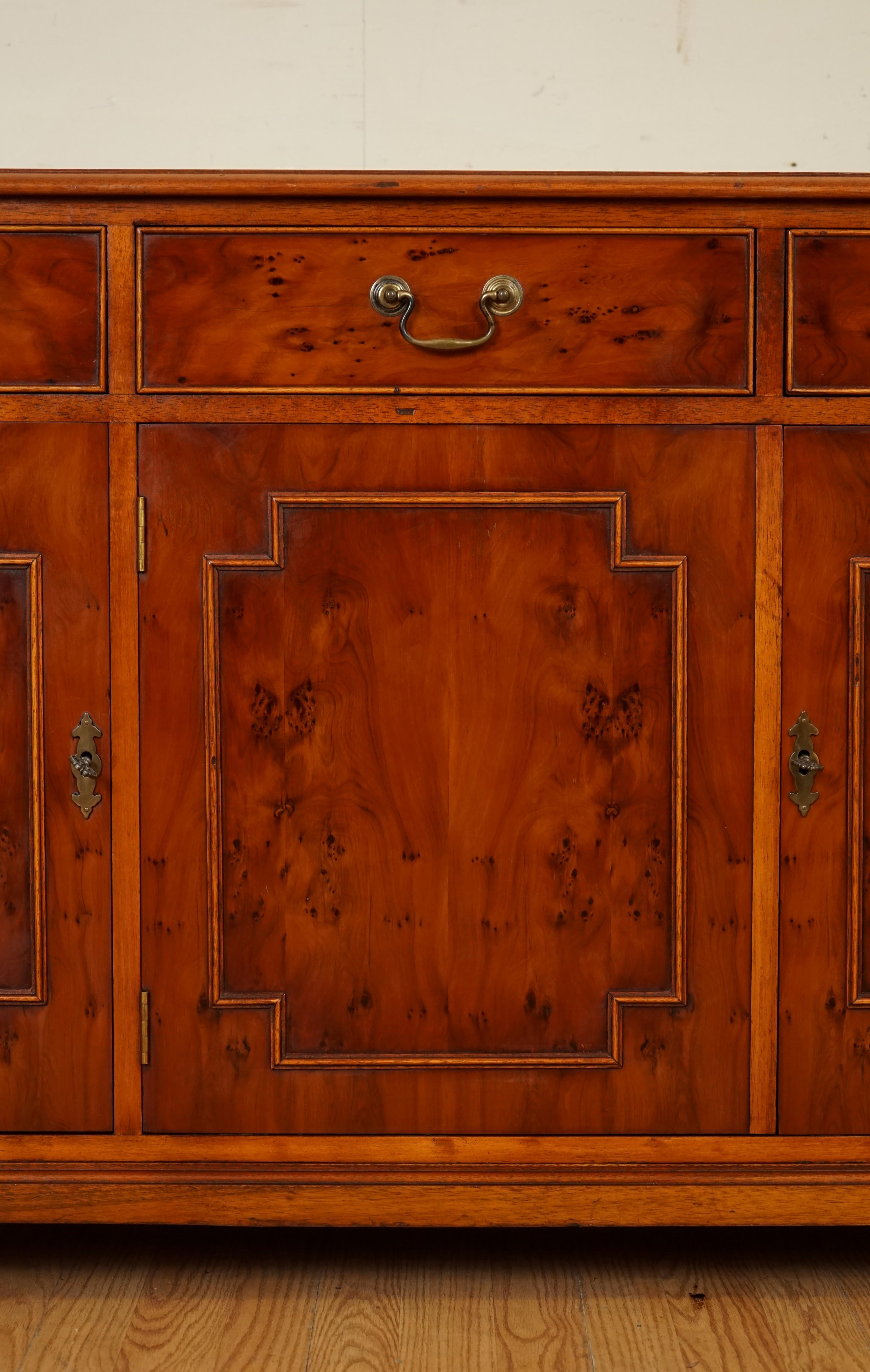 Stunning English Burr Yew Wood Triple Drawer Sideboard Cupboard Made by Bradley  1