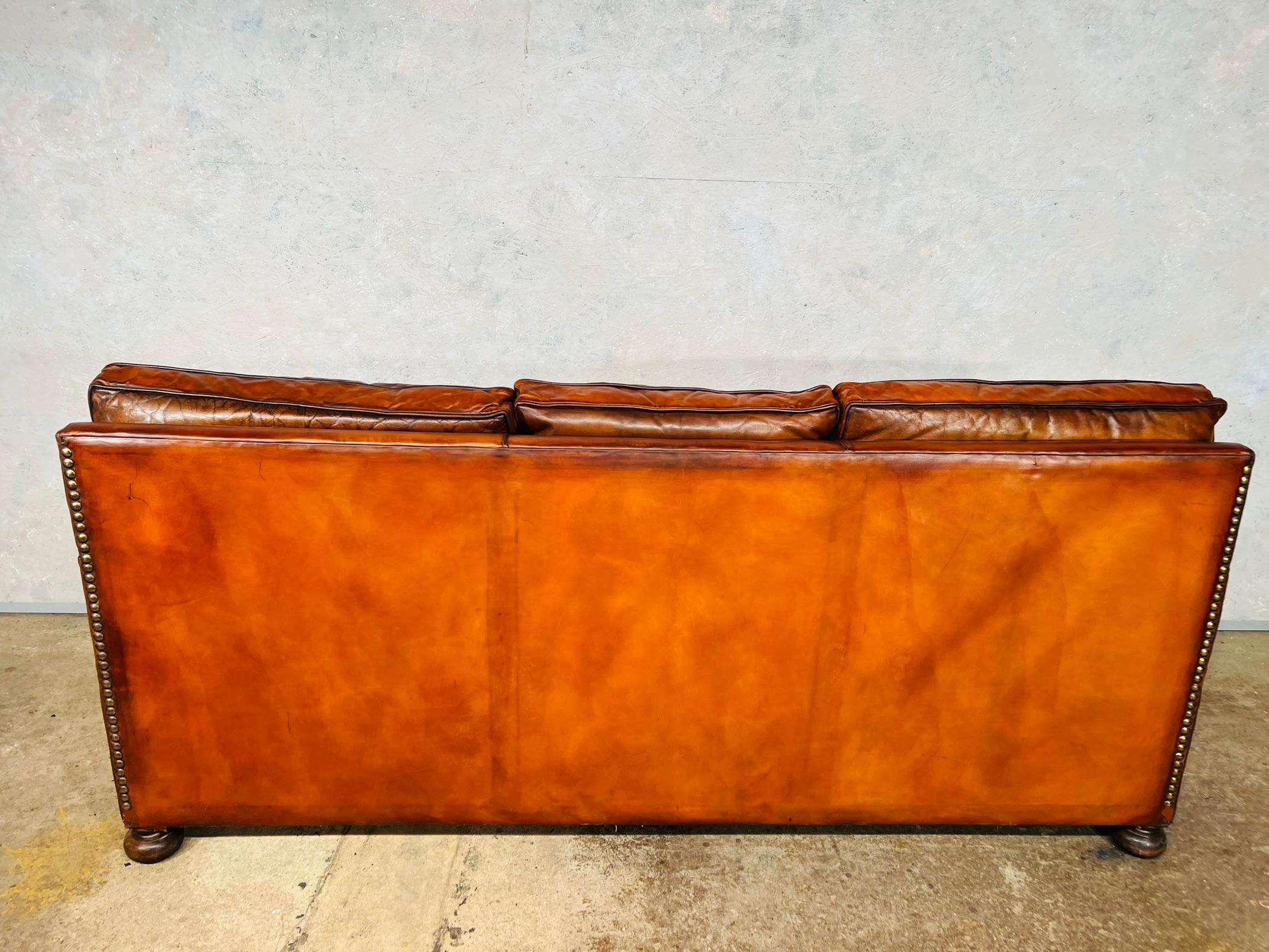 Stunning English Mid C Chestnut Brown Leather Studded Three Seater Sofa #716 For Sale 5