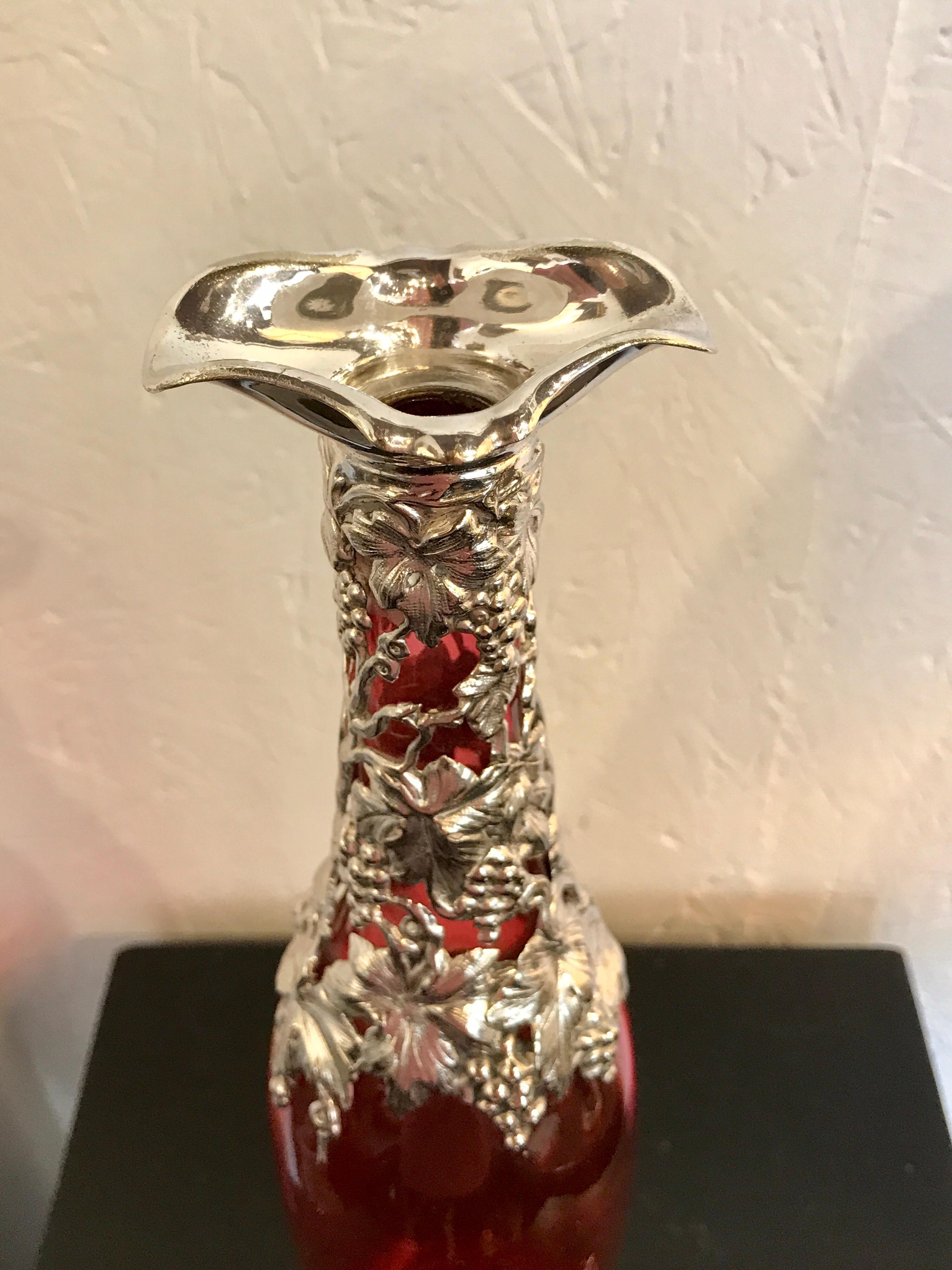 Stunning English Silver Plate and Cranberry Glass Three-Bottle Tauntless 7