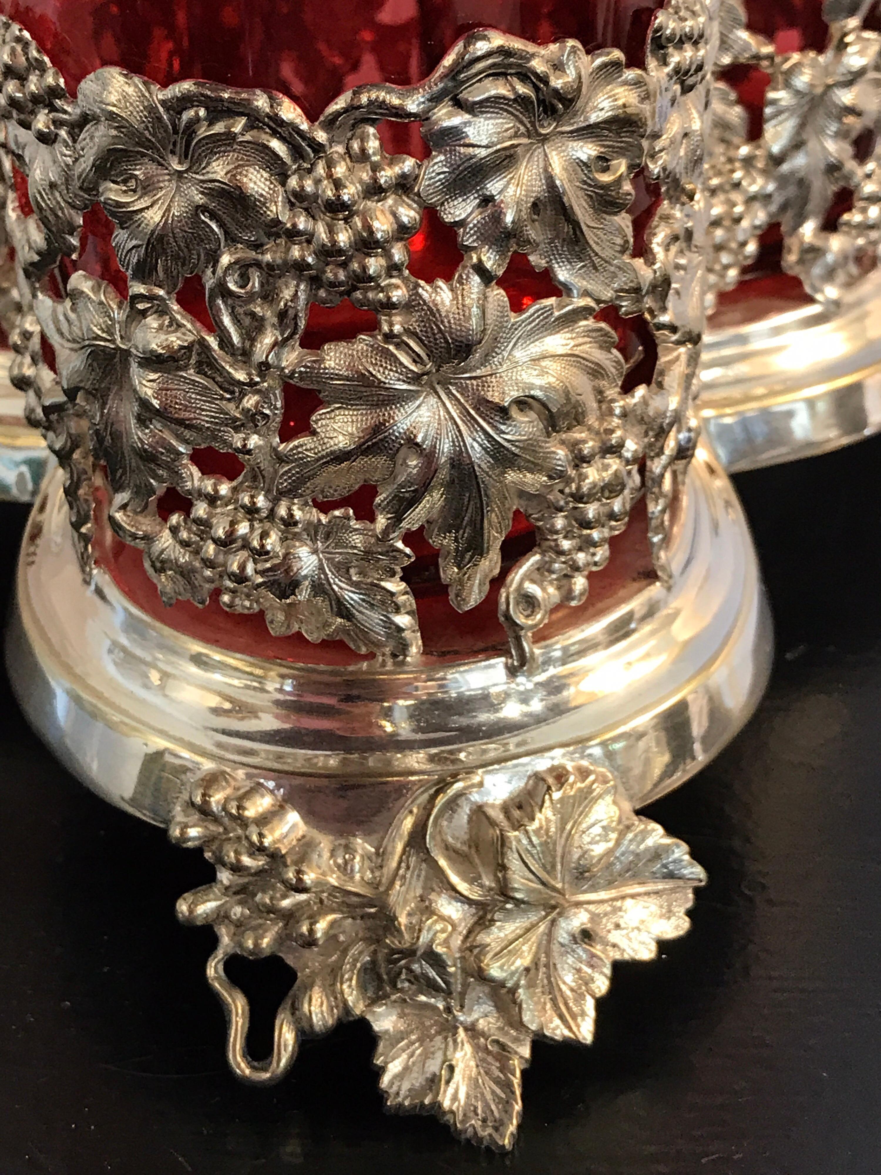 Stunning English Silver Plate and Cranberry Glass Three-Bottle Tauntless 13