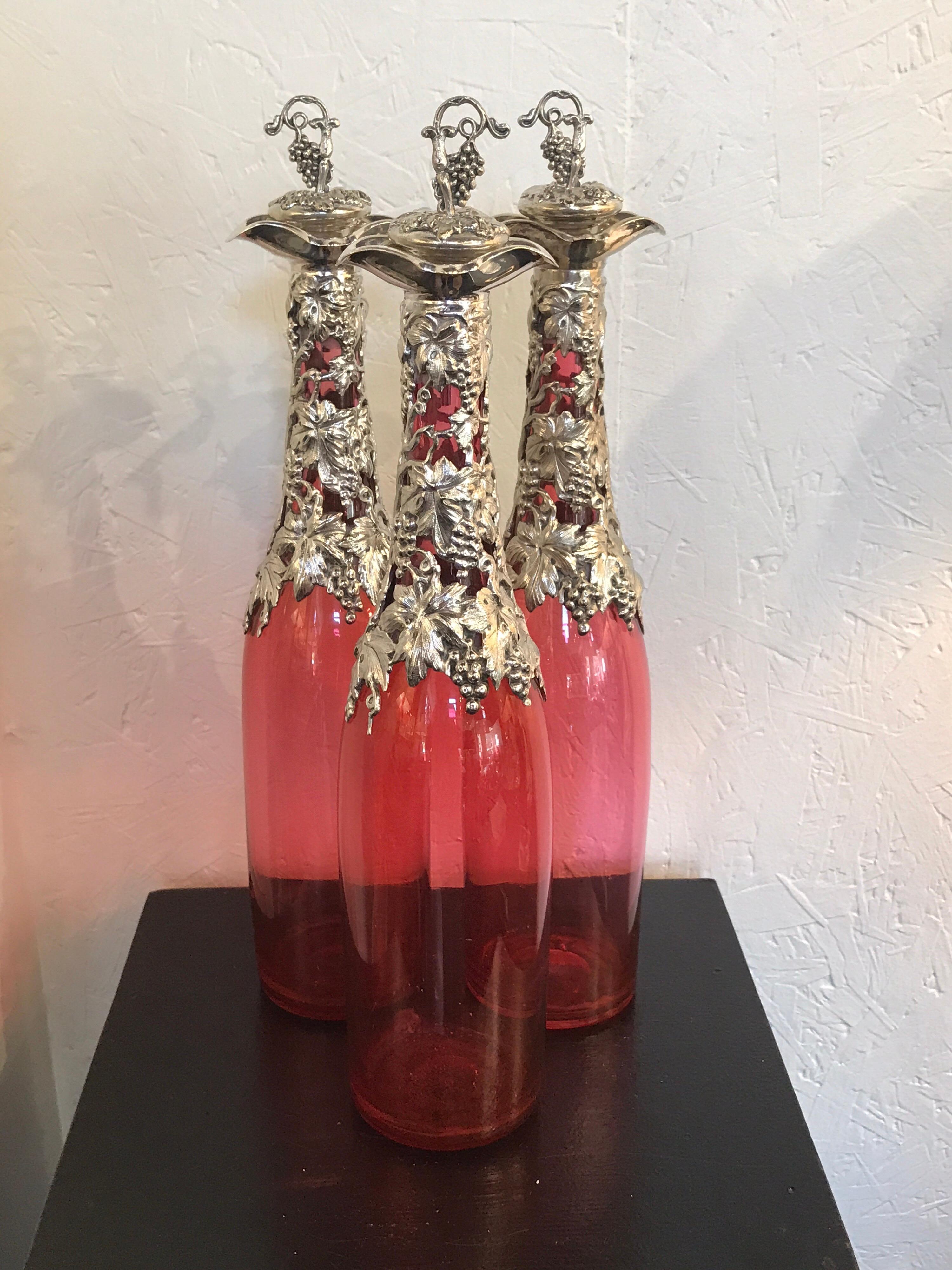 19th Century Stunning English Silver Plate and Cranberry Glass Three-Bottle Tauntless