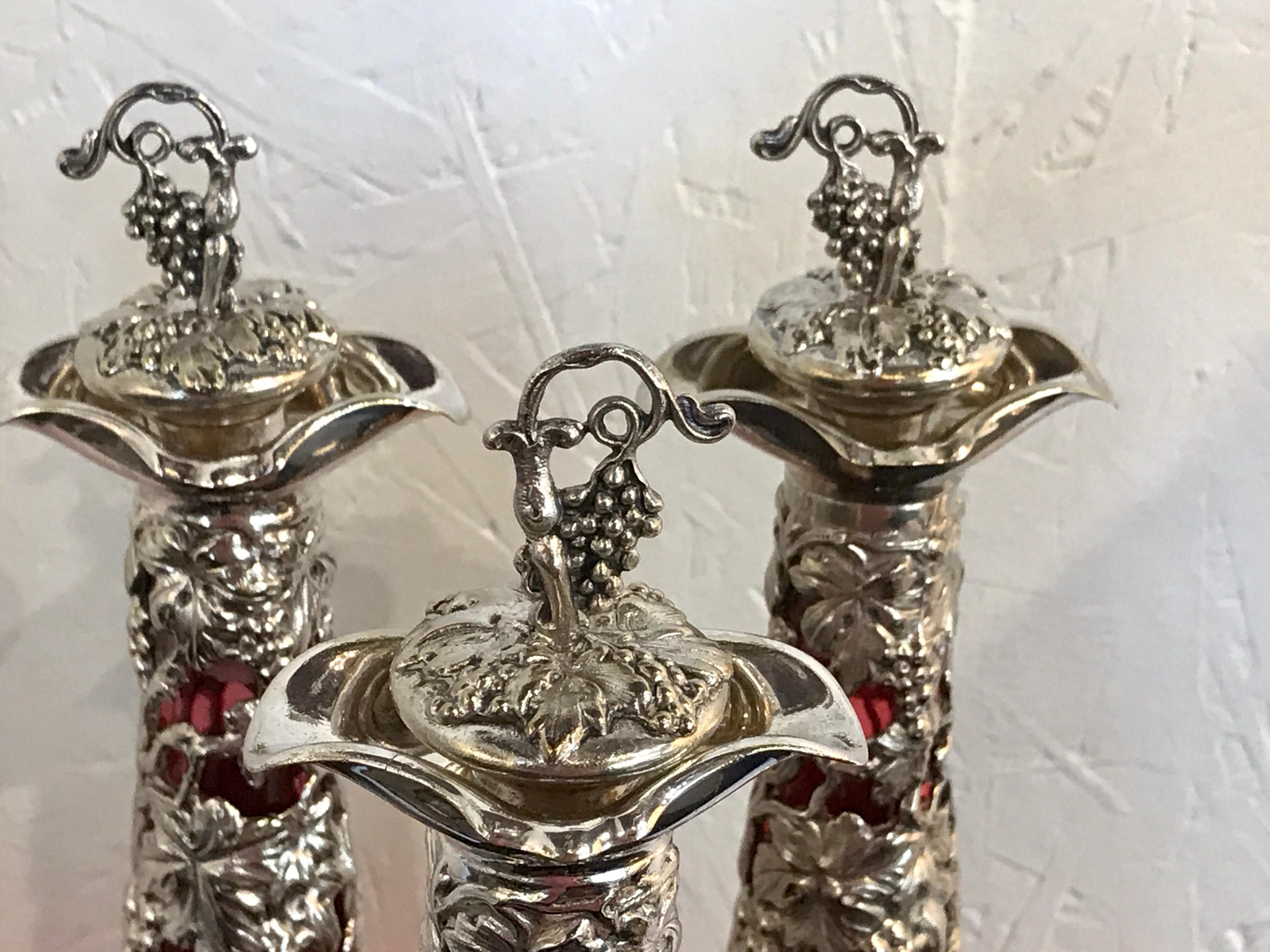Stunning English Silver Plate and Cranberry Glass Three-Bottle Tauntless 1