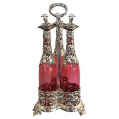 Antique Stunning English Silver Plate and Cranberry Glass Three-Bottle Tauntless