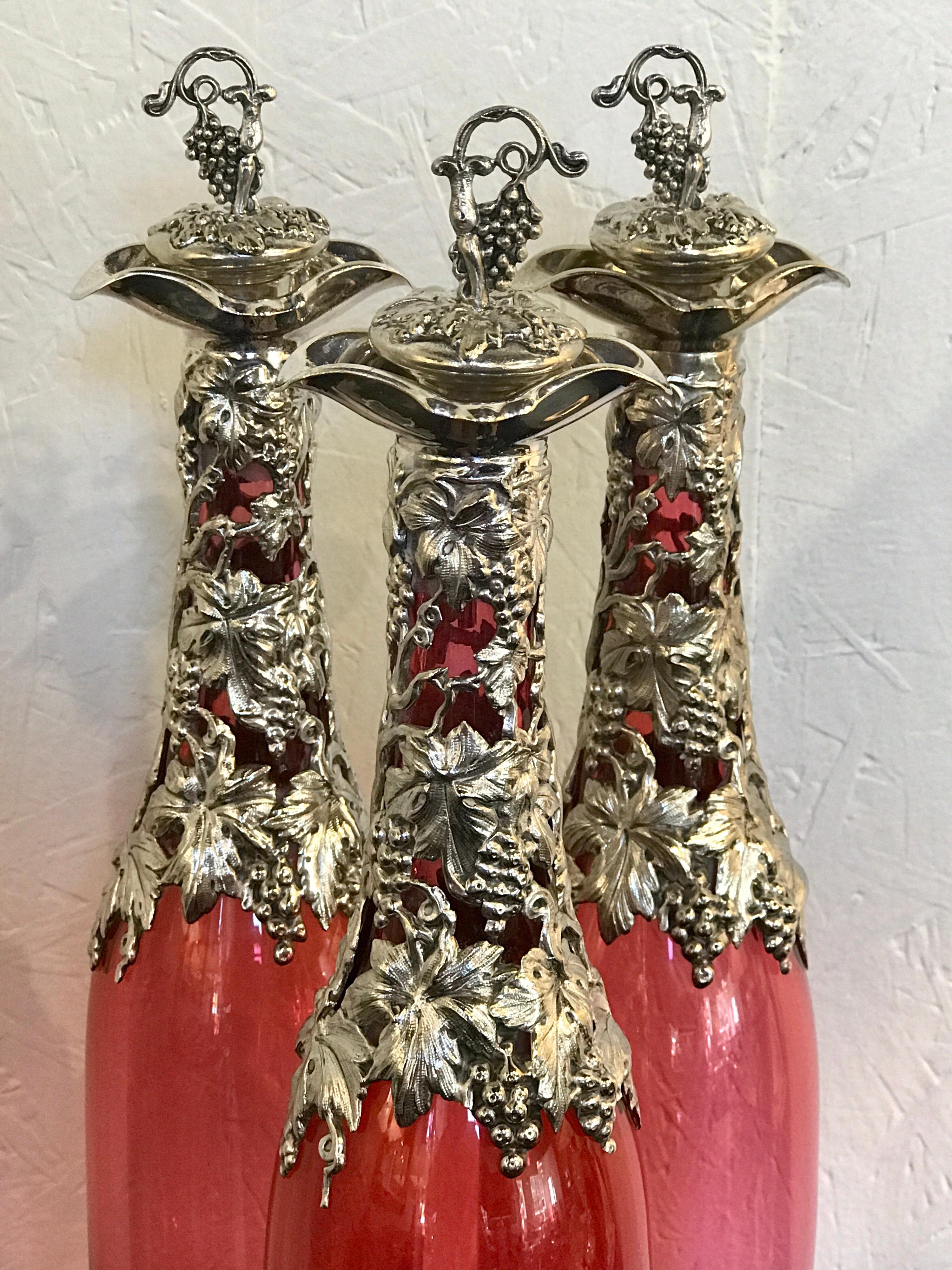 Stunning English Silver Plate and Cranberry Glass Three-Bottle Tauntless For Sale 3