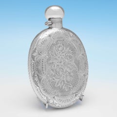 Stunning Engraved Antique Sterling Silver Hip Flask, Joseph Gloster, 1909