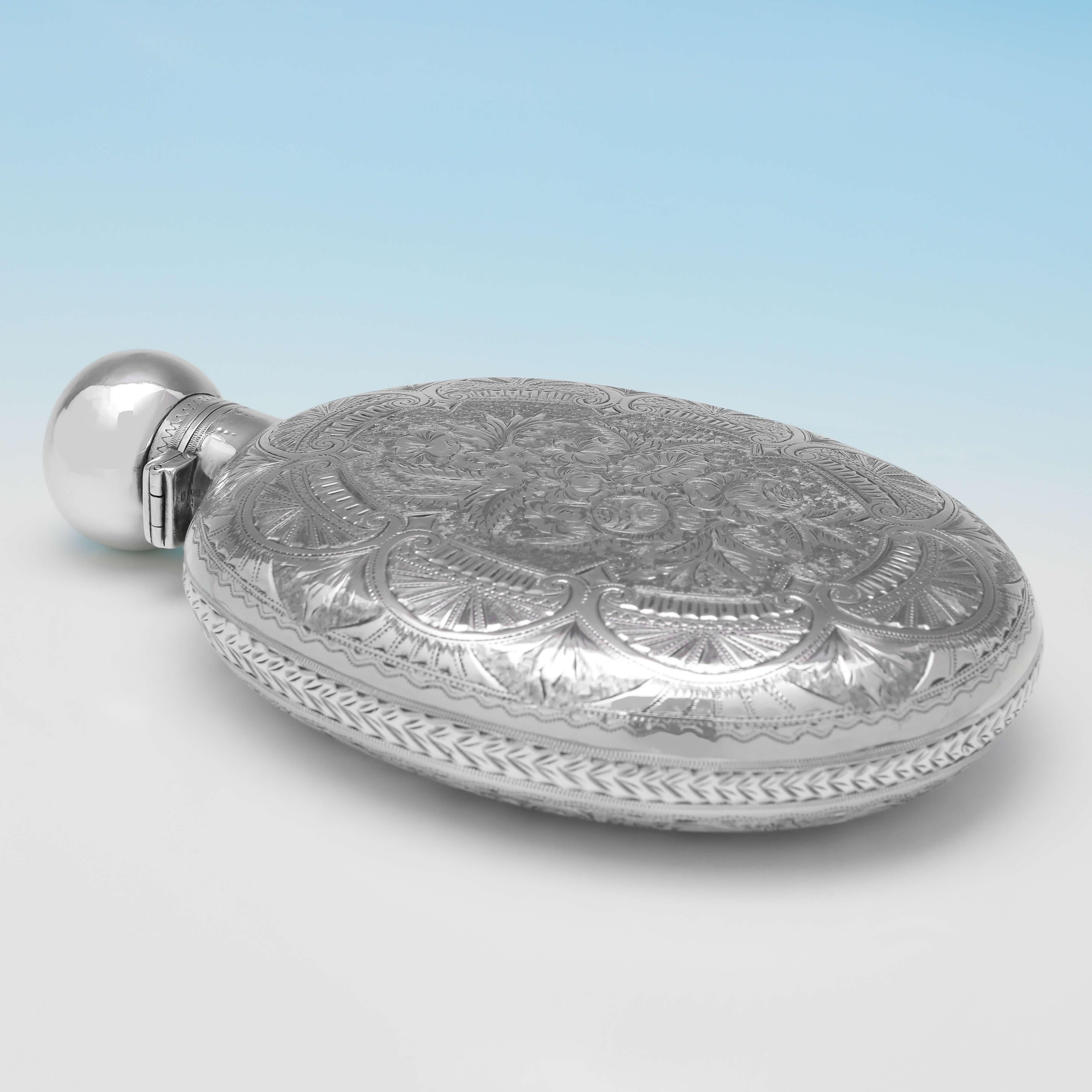 Edwardian Stunning Engraved Antique Sterling Silver Hip Flask, Joseph Gloster, 1909