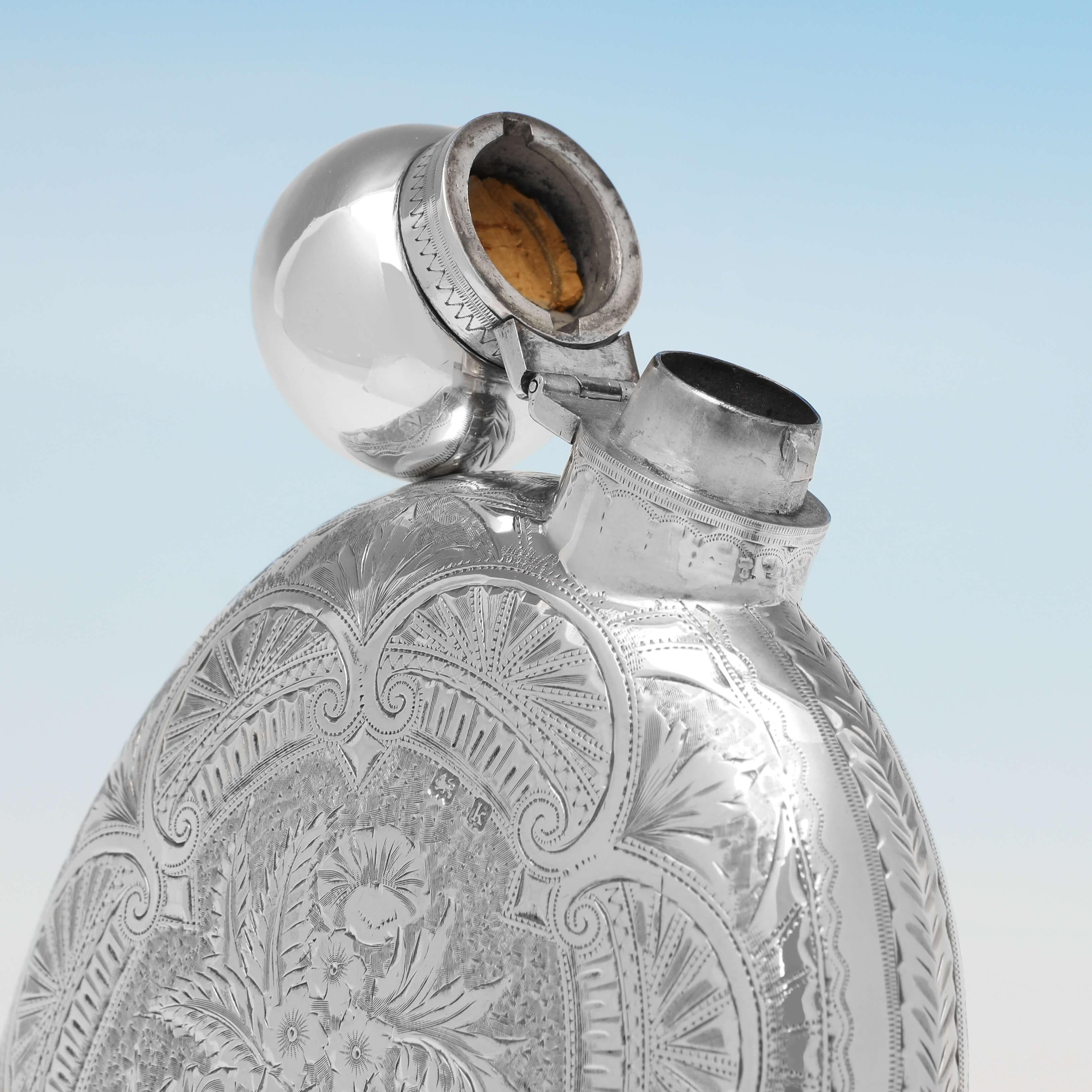 English Stunning Engraved Antique Sterling Silver Hip Flask, Joseph Gloster, 1909