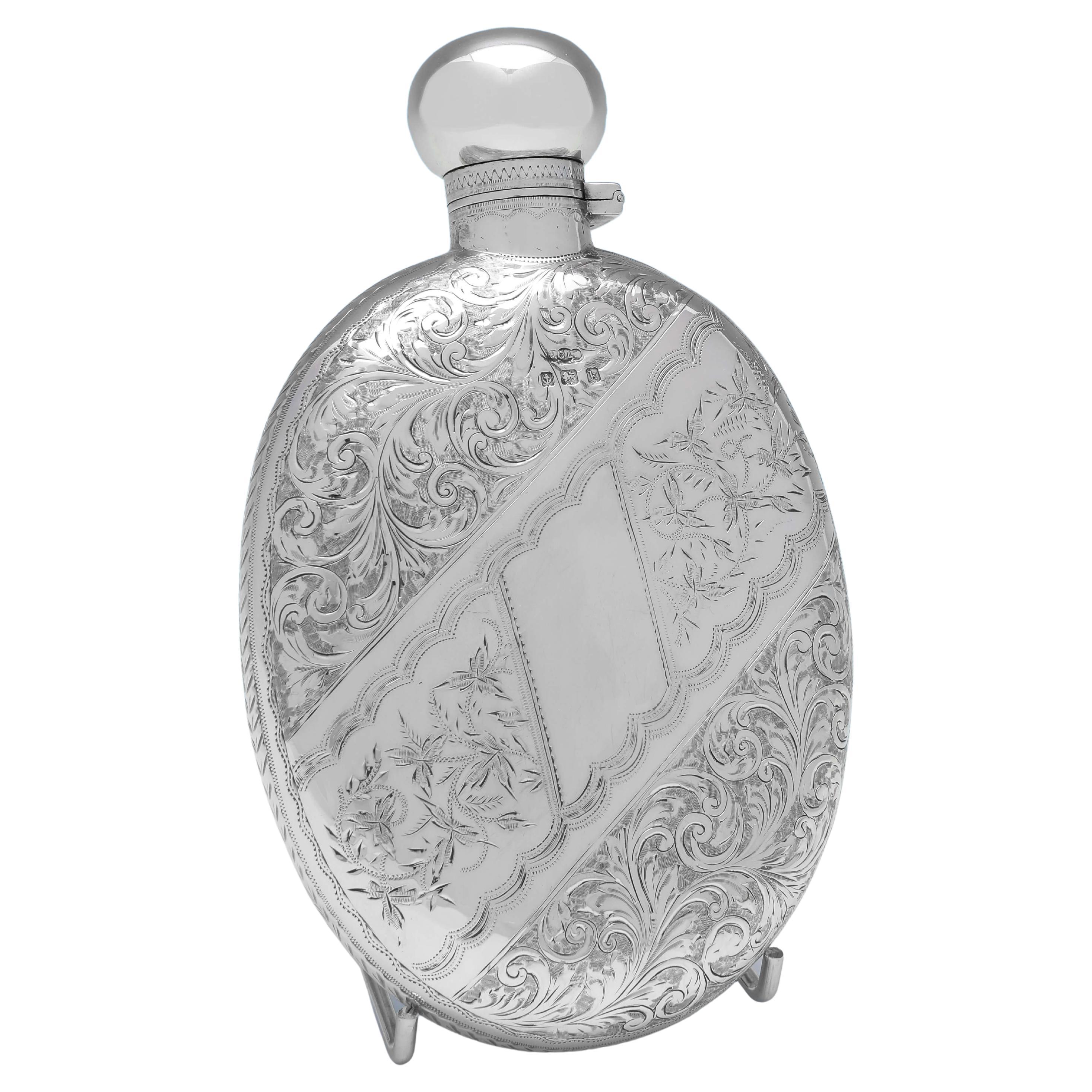 Stunning Engraved Antique Sterling Silver Hip Flask, Joseph Gloster, 1909