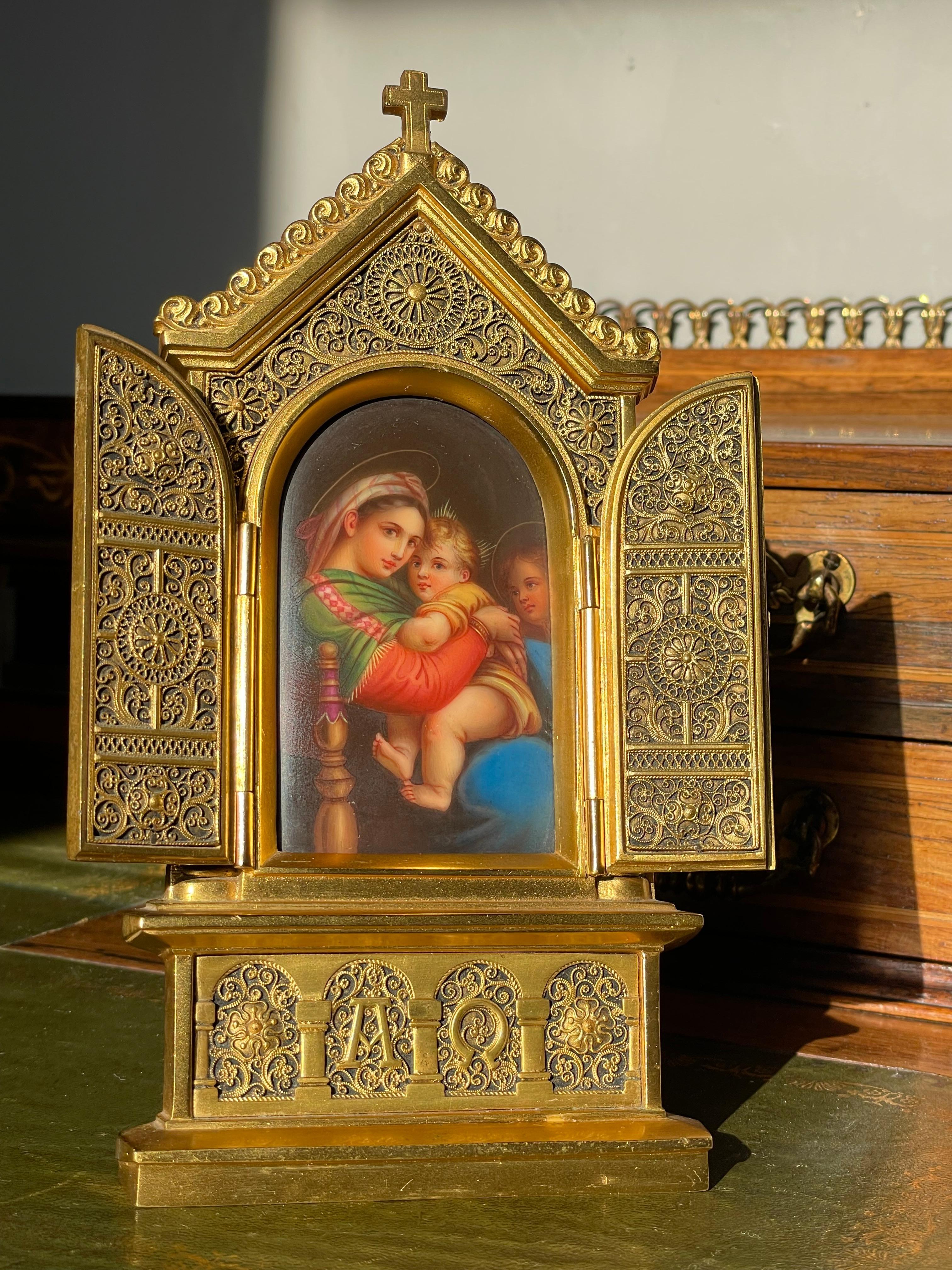 Stunning Erhard & Sohne Gilt Bronze Icon w. Filigree & Hand Painted Saints 1800s 5