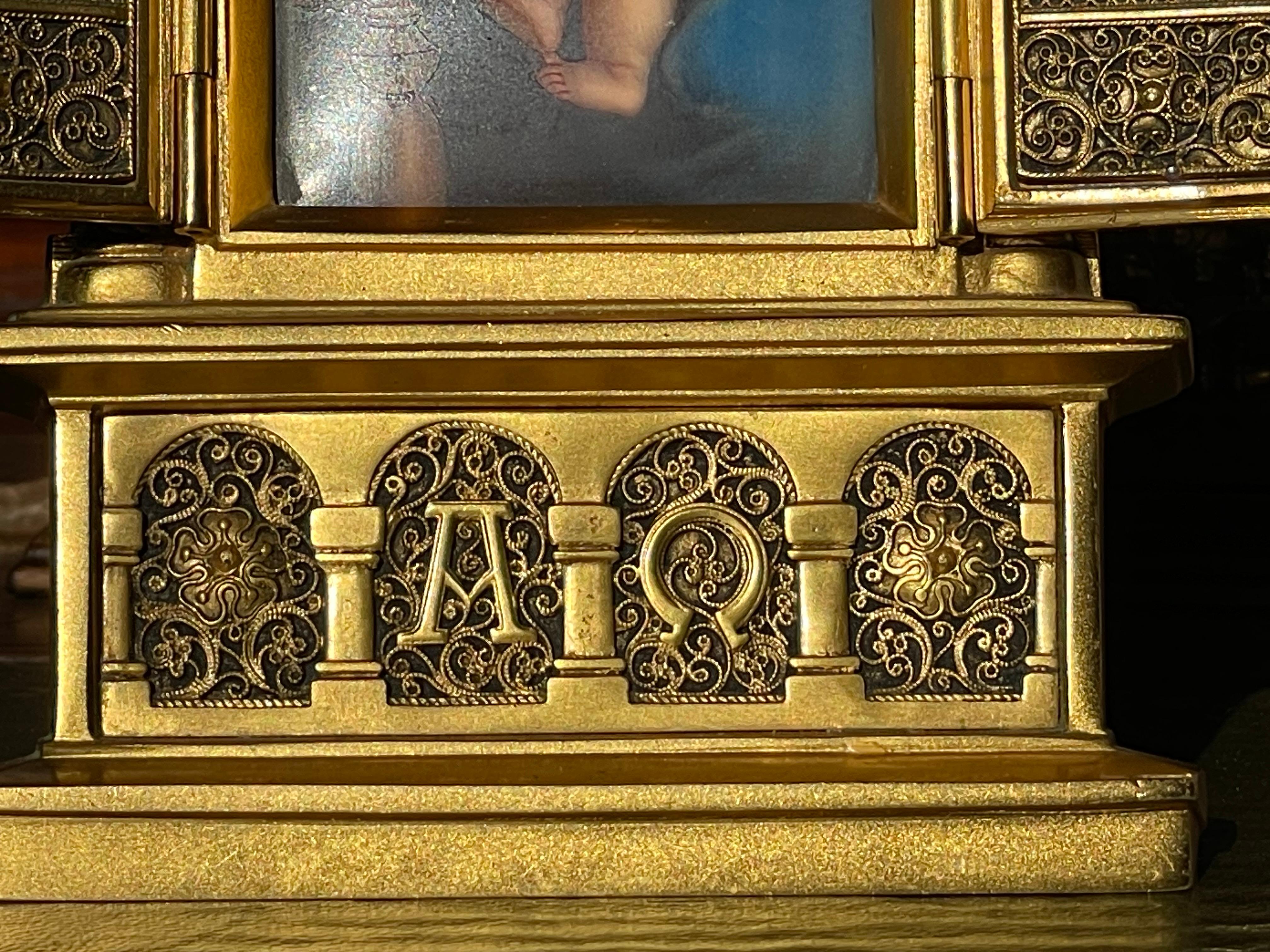 Stunning Erhard & Sohne Gilt Bronze Icon w. Filigree & Hand Painted Saints 1800s 6
