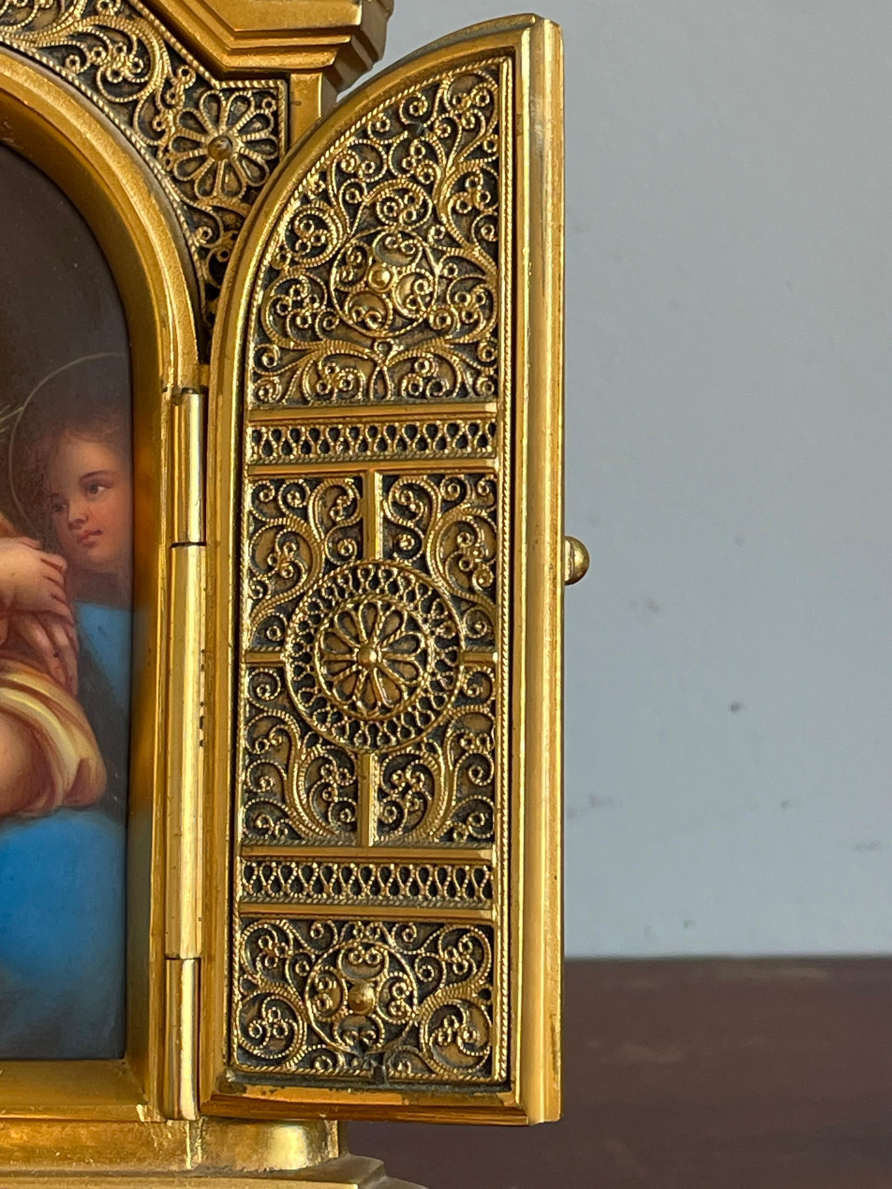 Stunning Erhard & Sohne Gilt Bronze Icon w. Filigree & Hand Painted Saints 1800s 7