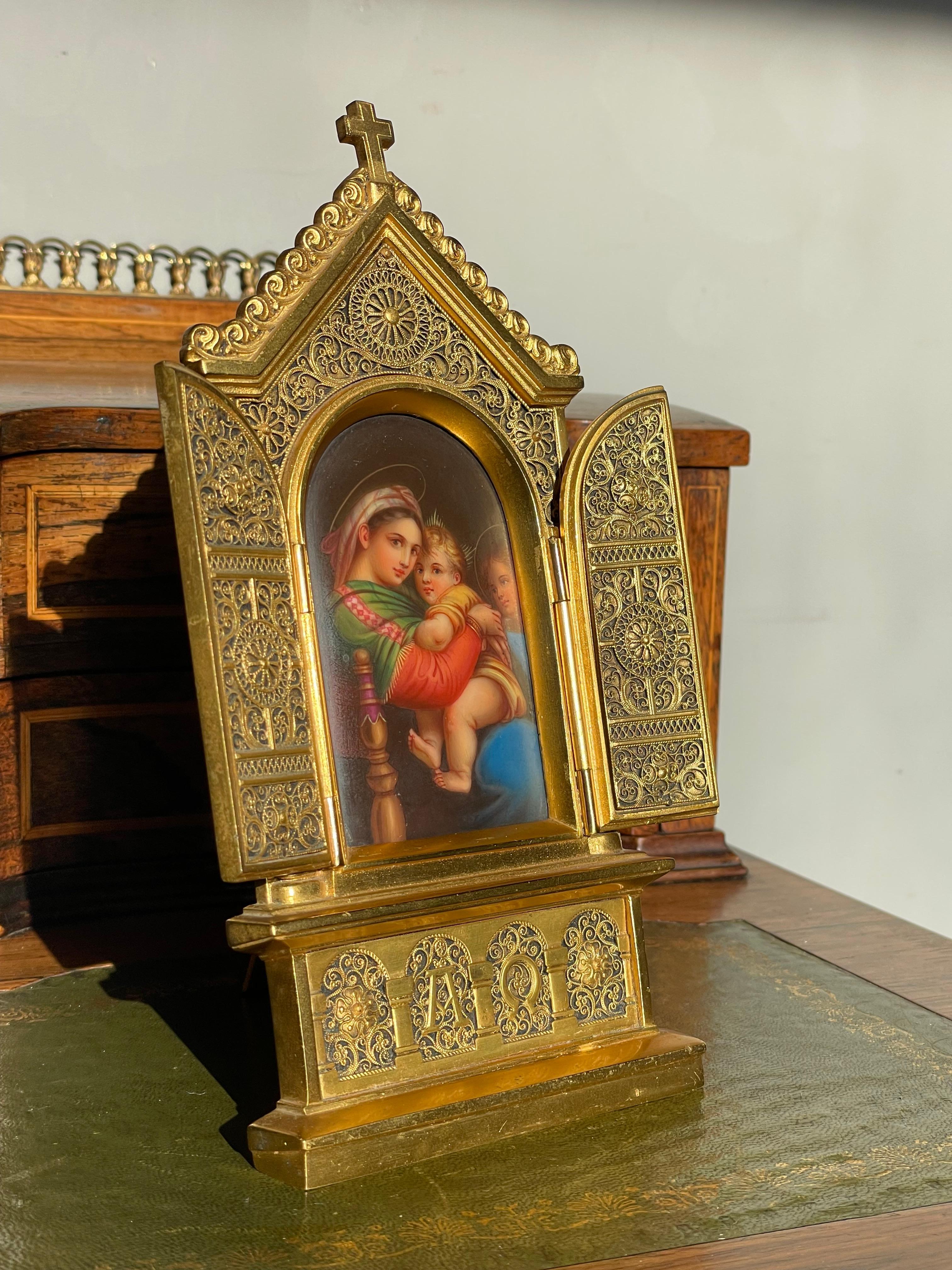 Stunning Erhard & Sohne Gilt Bronze Icon w. Filigree & Hand Painted Saints 1800s 11