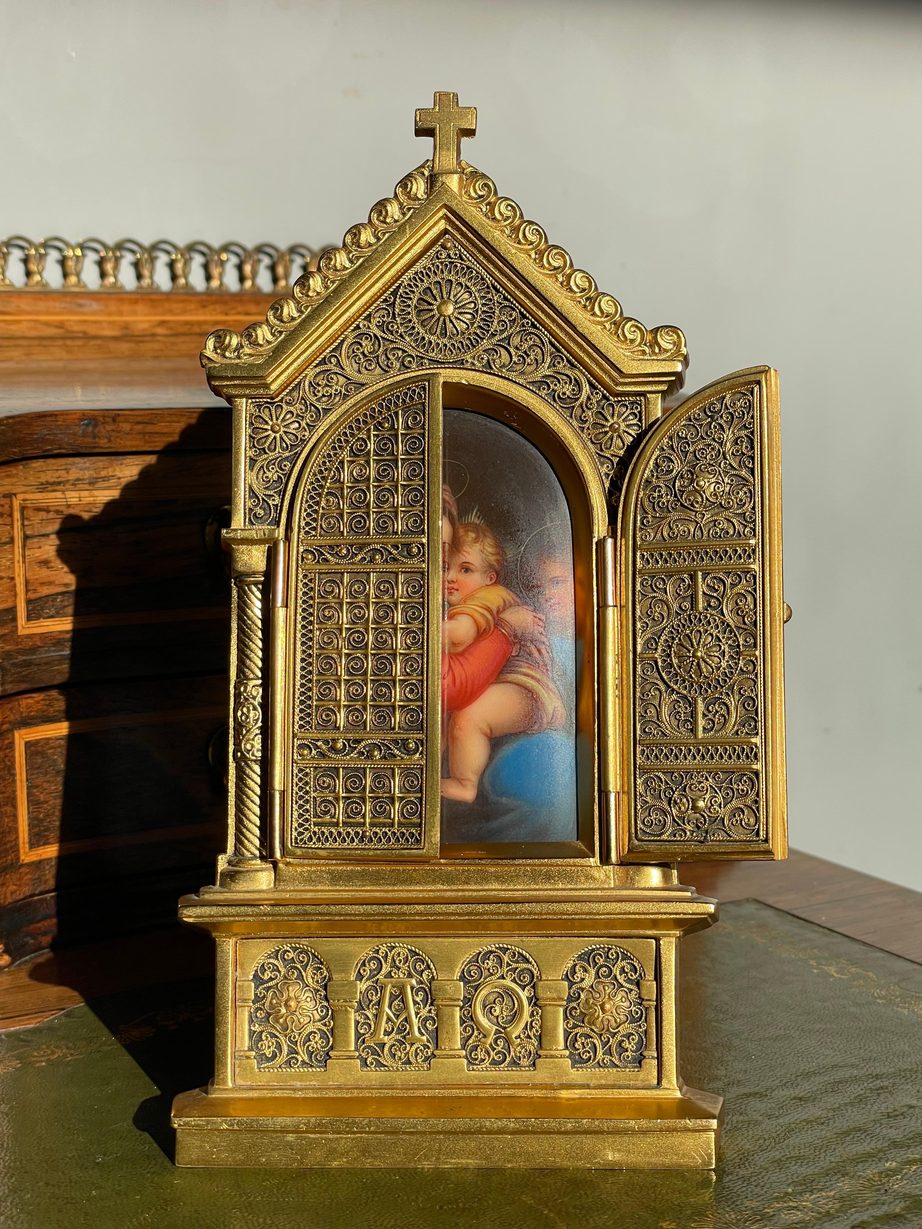 Stunning Erhard & Sohne Gilt Bronze Icon w. Filigree & Hand Painted Saints 1800s 12
