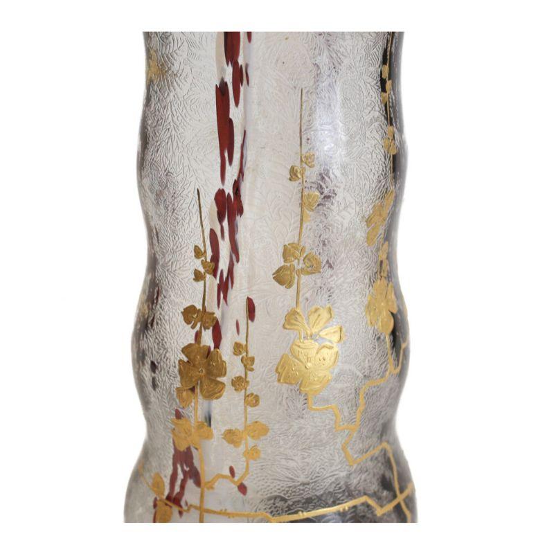Français Superbe vase en verre d'art Ernest Baptiste Leveille gravé à l'acide et doré, C1900 en vente