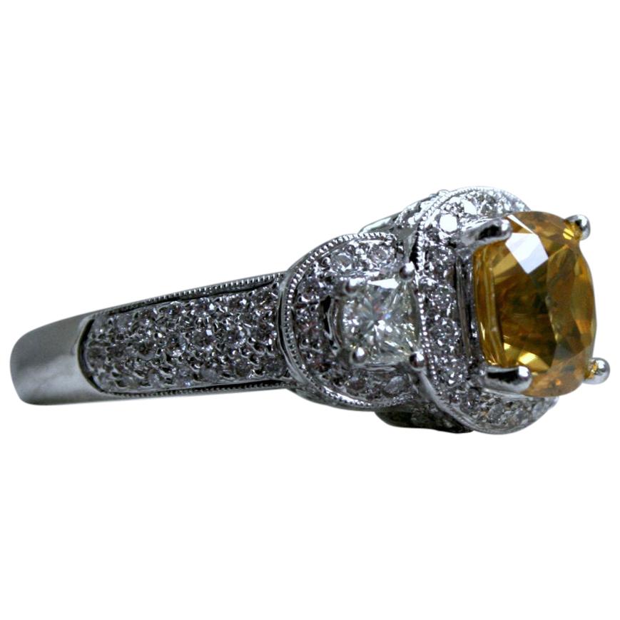 Stunning Estate 14 Karat Gold Diamond and Yellow Zircon Halo Ring, 4.52 Carat