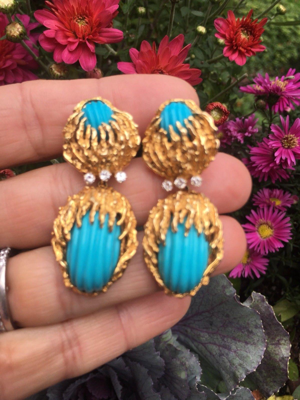 Retro Stunning Estate Gold Carved Turquoise VS Diamond Dangle Pendant Earrings