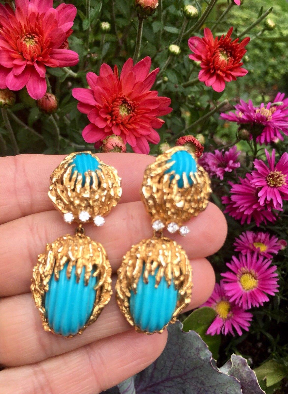Women's Stunning Estate Gold Carved Turquoise VS Diamond Dangle Pendant Earrings