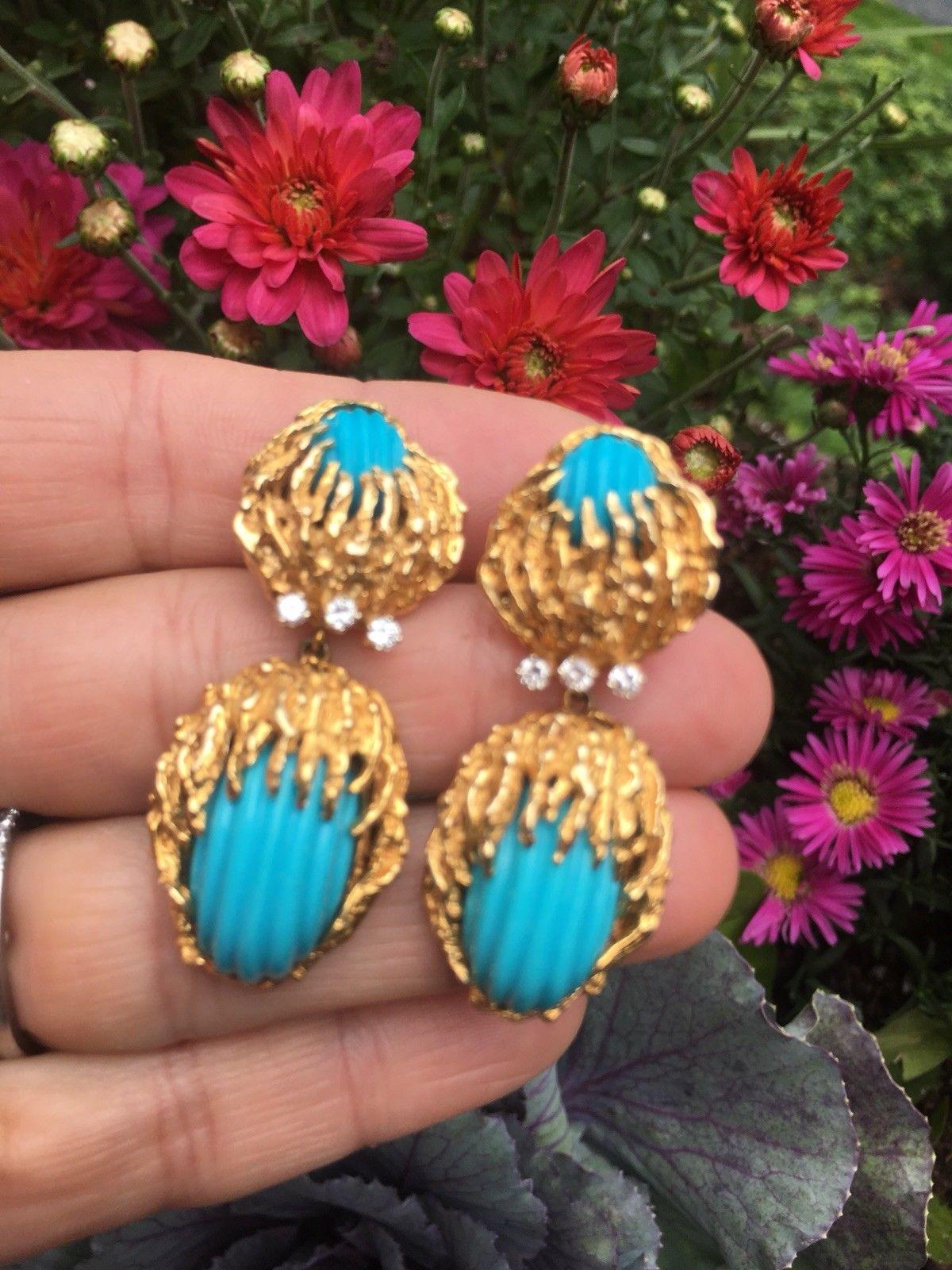 Stunning Estate Gold Carved Turquoise VS Diamond Dangle Pendant Earrings 1