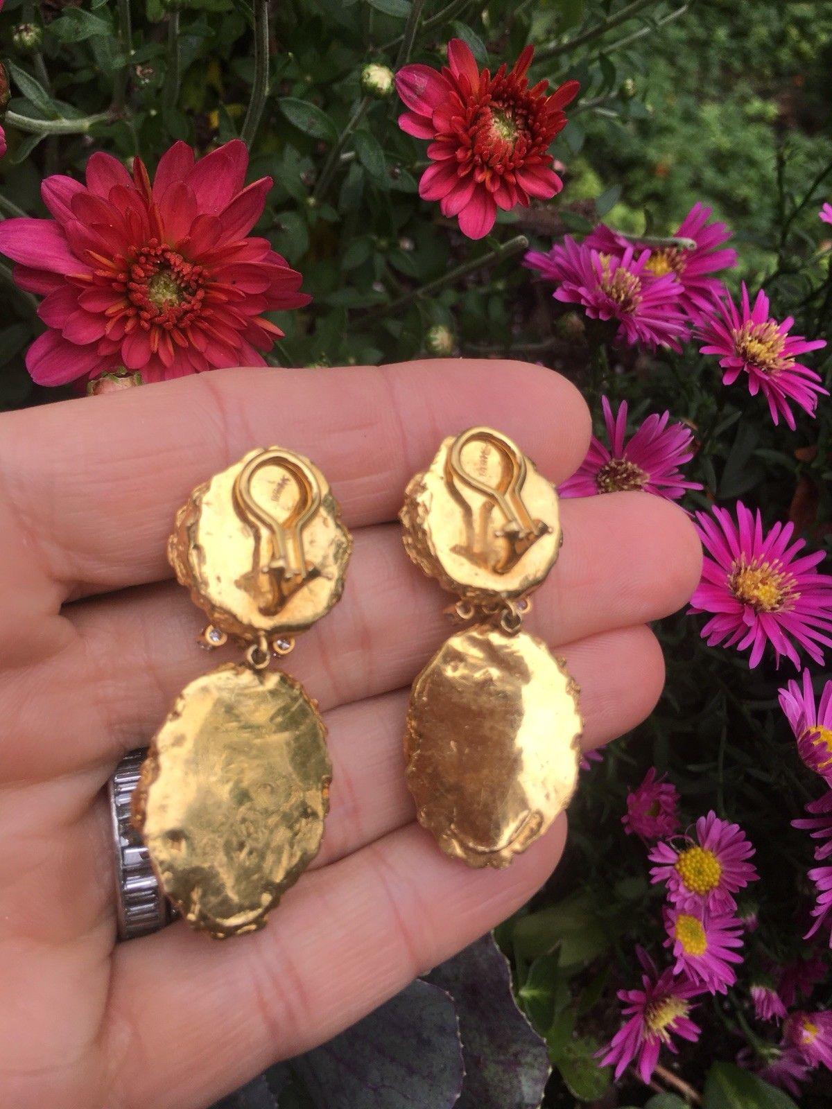Stunning Estate Gold Carved Turquoise VS Diamond Dangle Pendant Earrings 2
