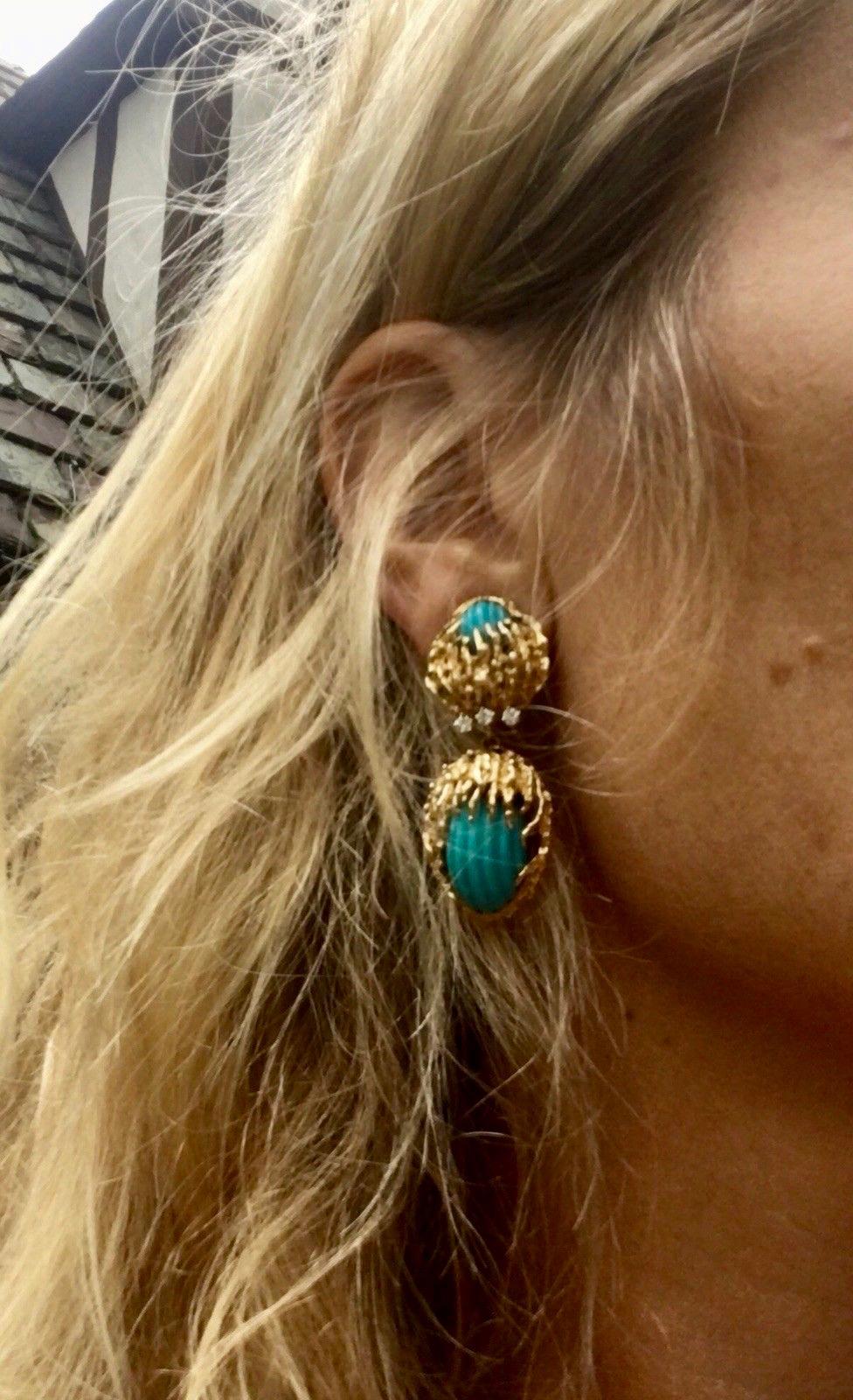 Stunning Estate Gold Carved Turquoise VS Diamond Dangle Pendant Earrings 3