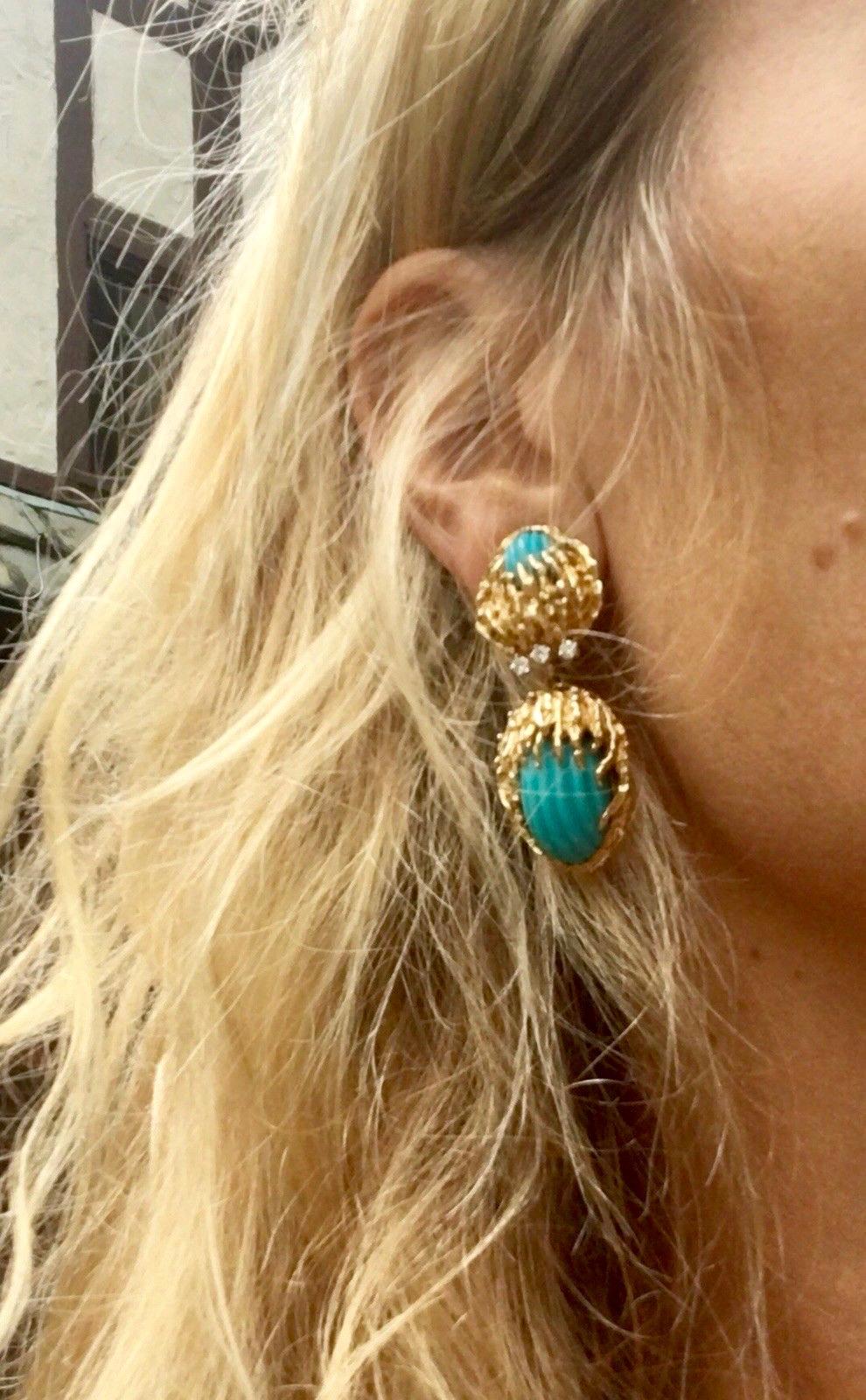 Stunning Estate Gold Carved Turquoise VS Diamond Dangle Pendant Earrings 4