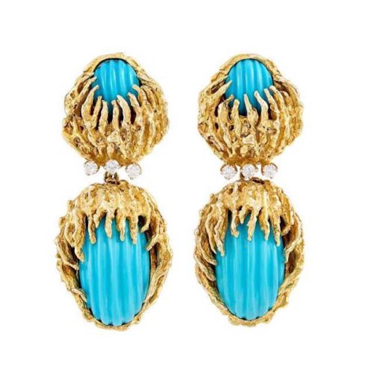 Stunning Estate Gold Carved Turquoise VS Diamond Dangle Pendant Earrings