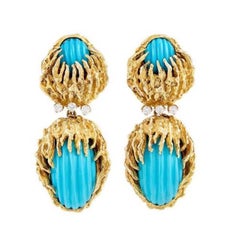 Stunning Estate Gold Carved Turquoise VS Diamond Dangle Pendant Earrings
