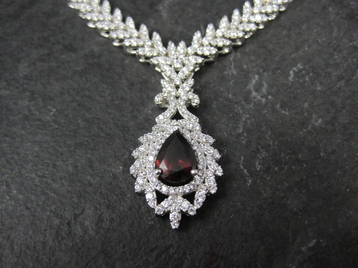 Contemporary Stunning Estate Sterling Silver Garnet and Cz Necklace For Sale