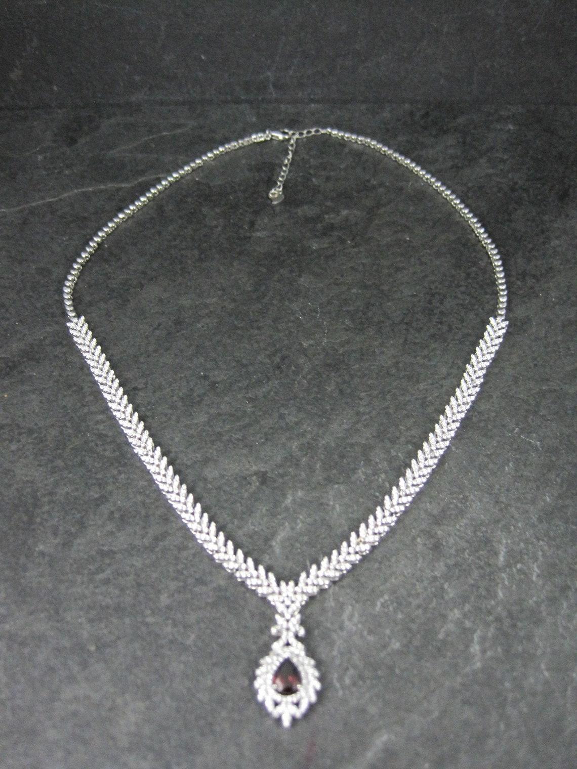 Pear Cut Stunning Estate Sterling Silver Garnet and Cz Necklace For Sale