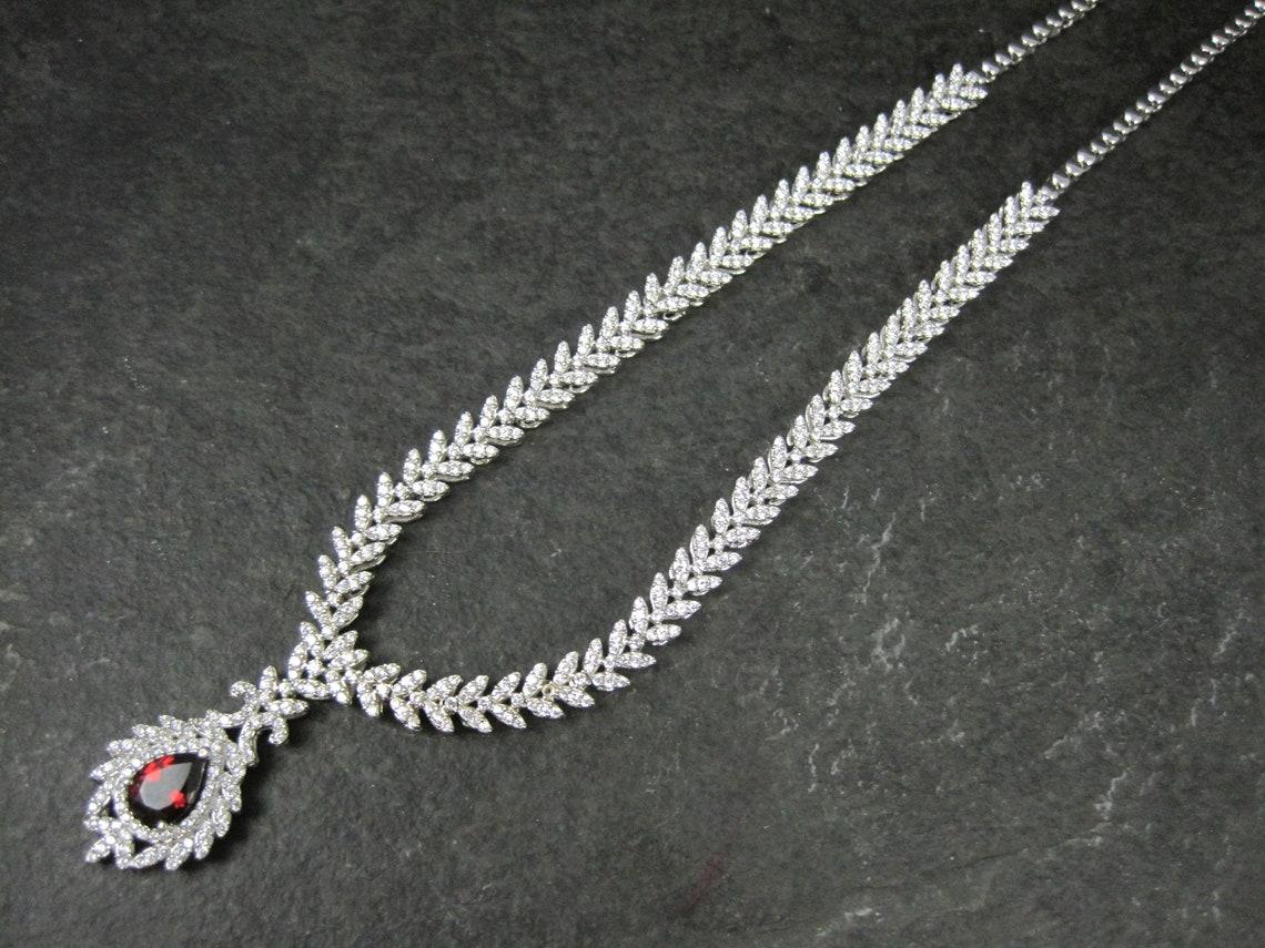 Stunning Estate Sterling Silver Garnet and Cz Necklace For Sale 1