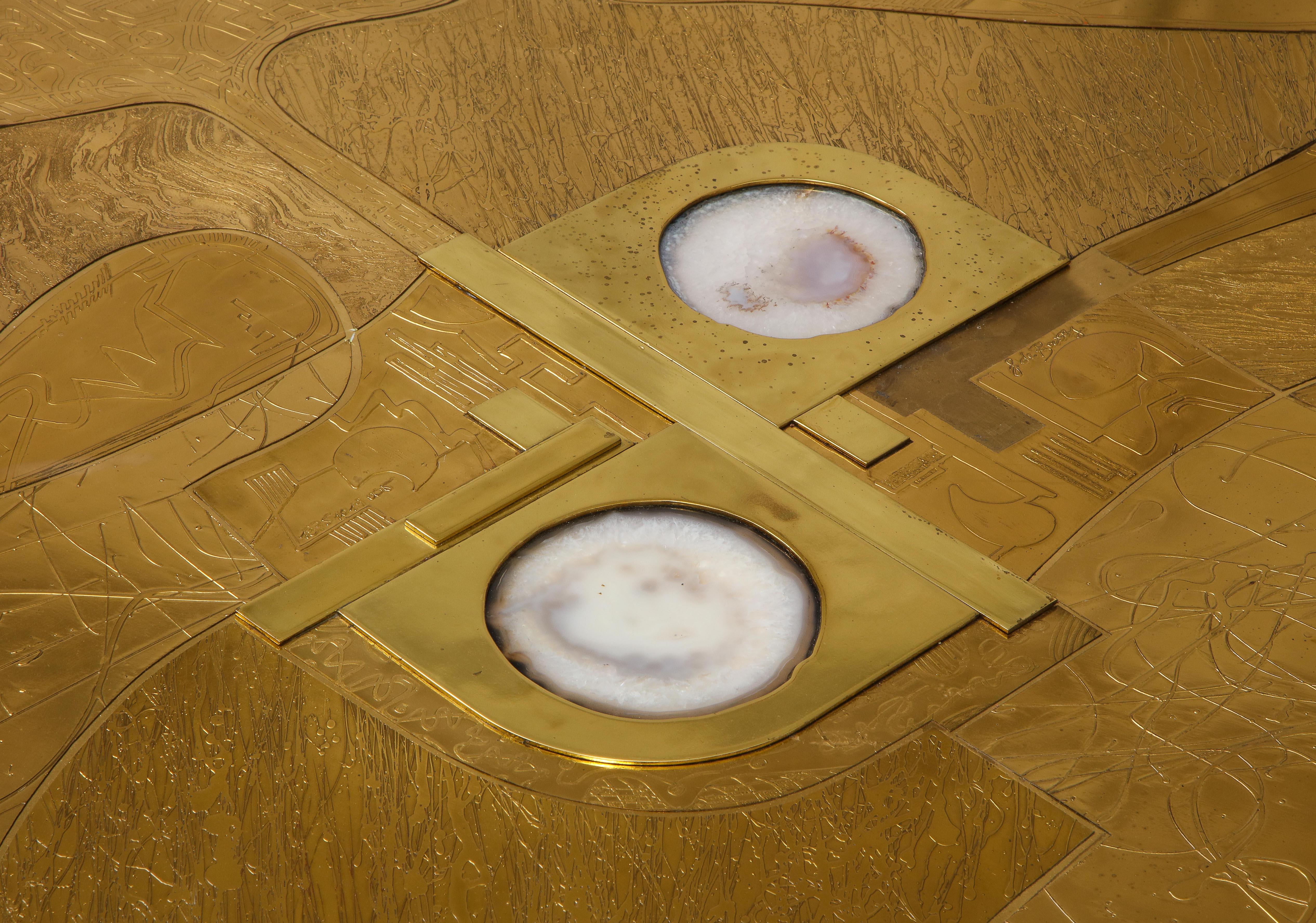 Stunning Etched Brass and Double Agate Cocktail Table 4