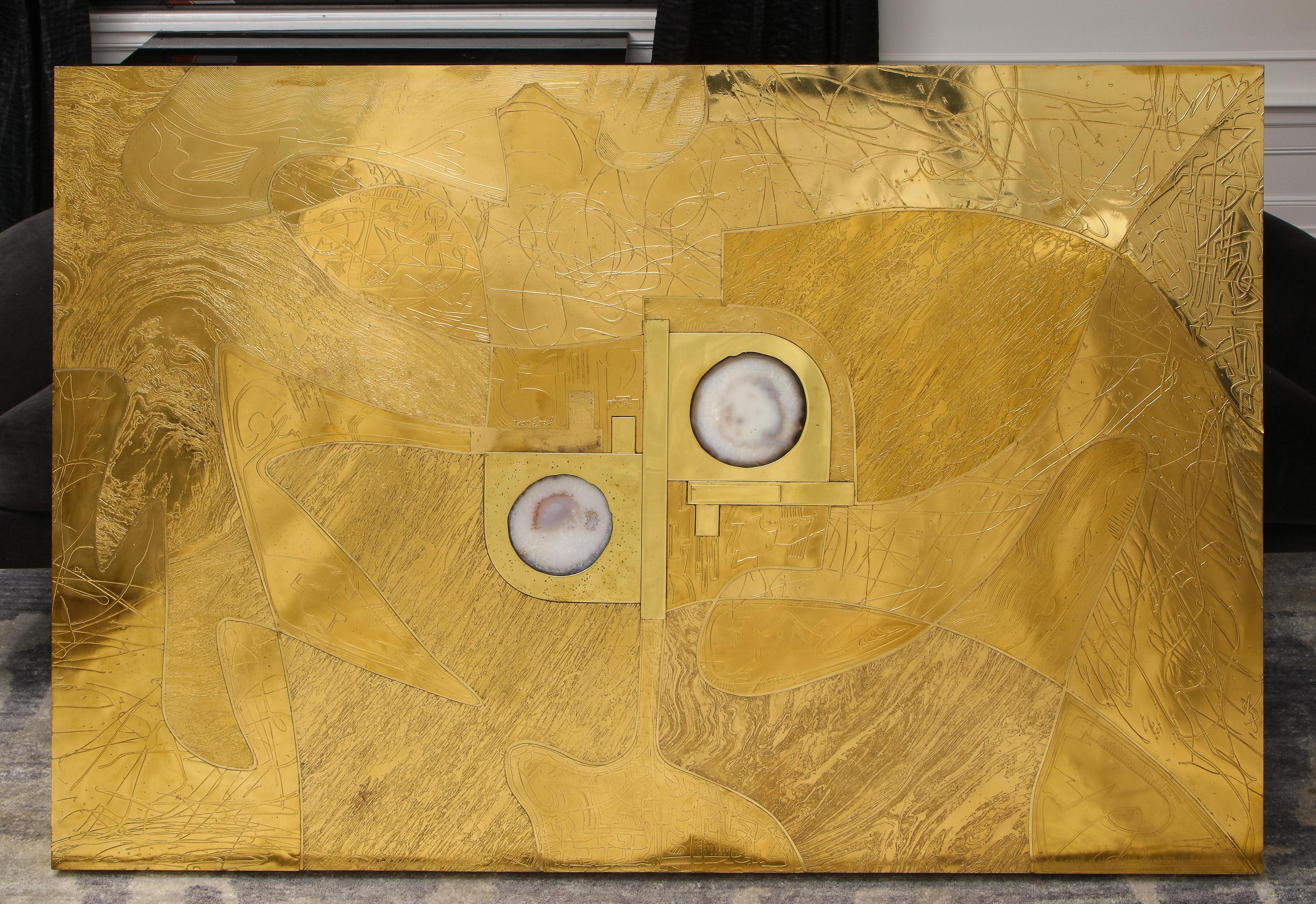 Stunning Etched Brass and Double Agate Cocktail Table 5
