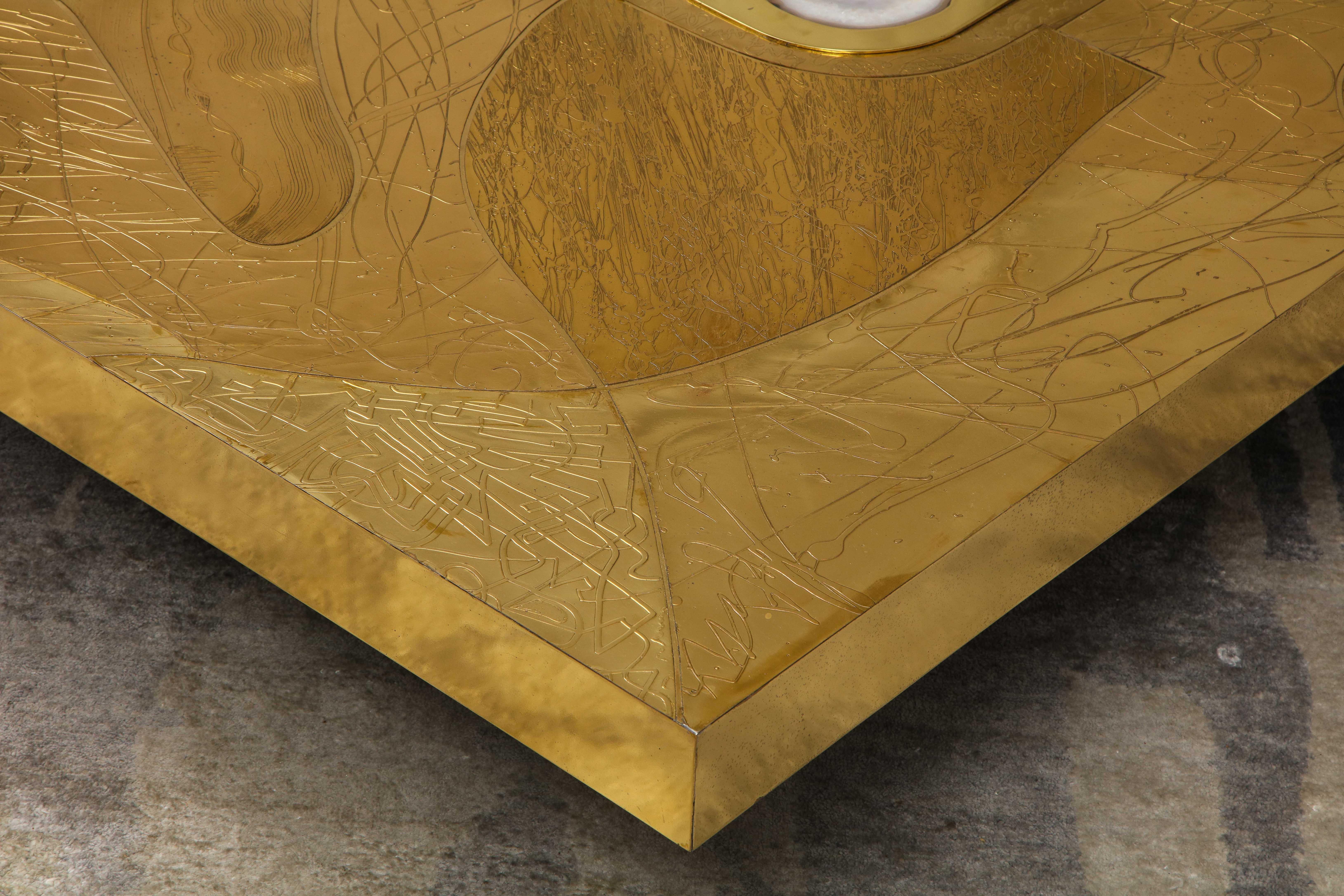 Stunning Etched Brass and Double Agate Cocktail Table 7