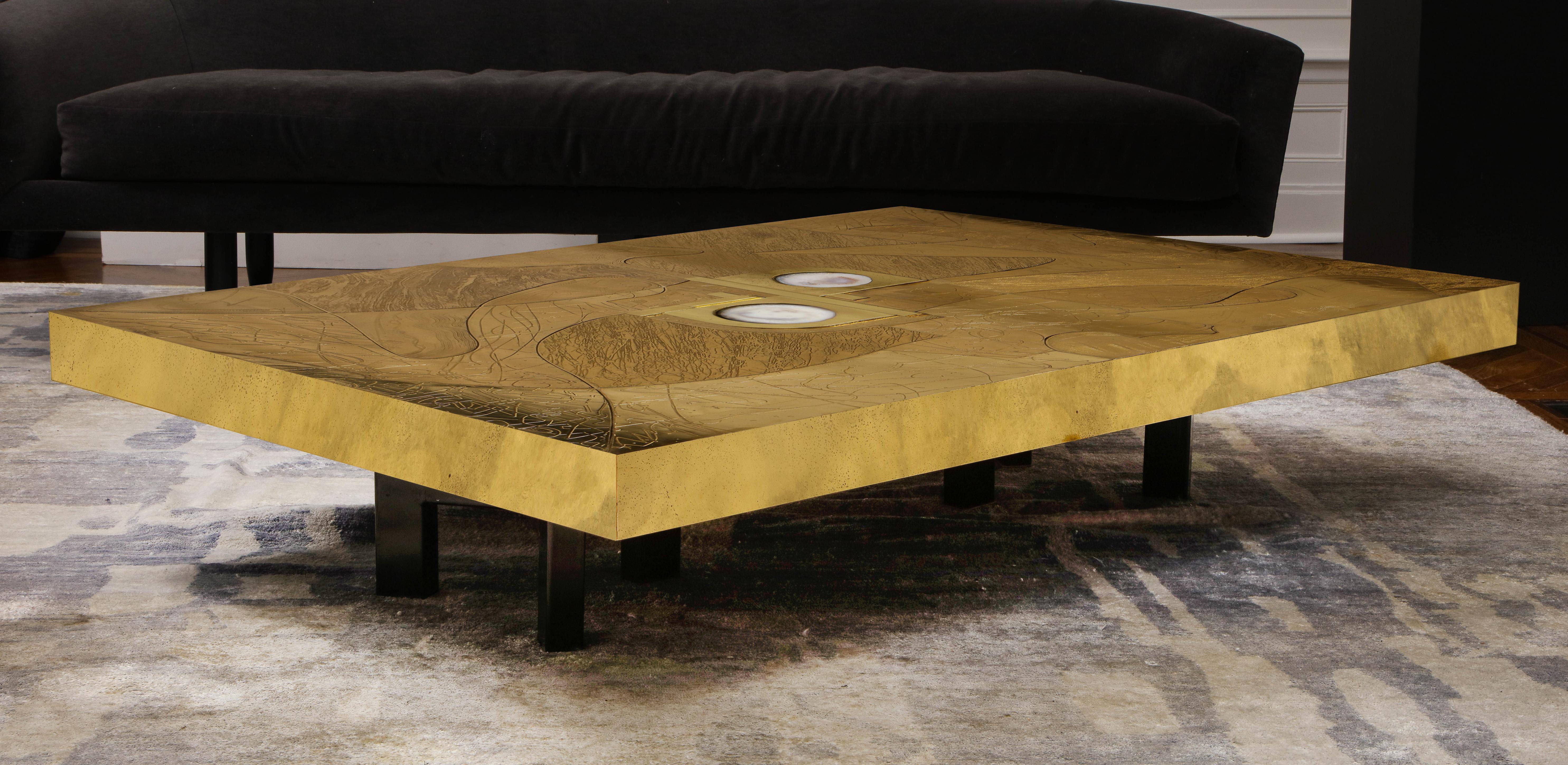 Mid-Century Modern Stunning Etched Brass and Double Agate Cocktail Table